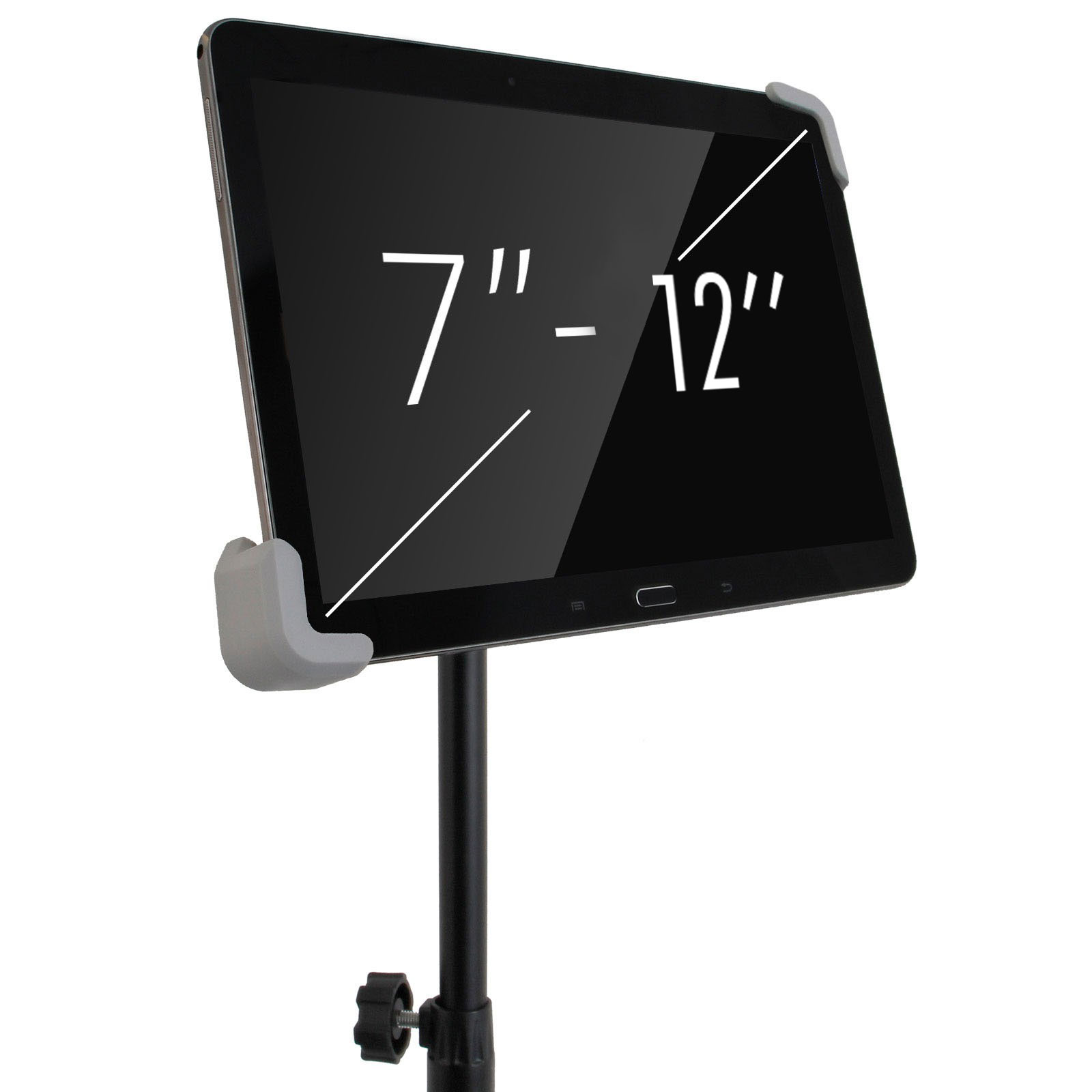 Un tablet montato su un supporto, lo schermo mostra '7" - 12"'. Il supporto è nero, con supporti grigi.
