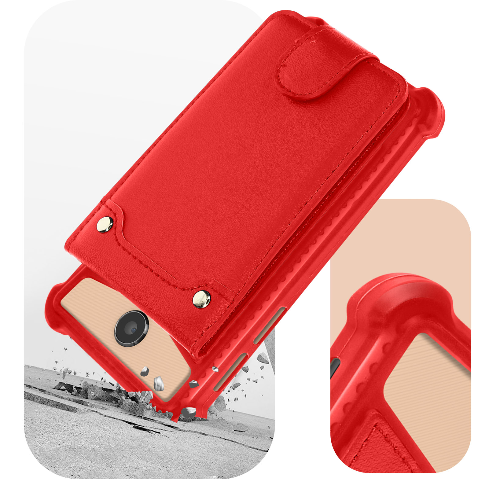 Custodia per telefono rossa con una patta che copre un telefono. La custodia è aperta e su una superficie.