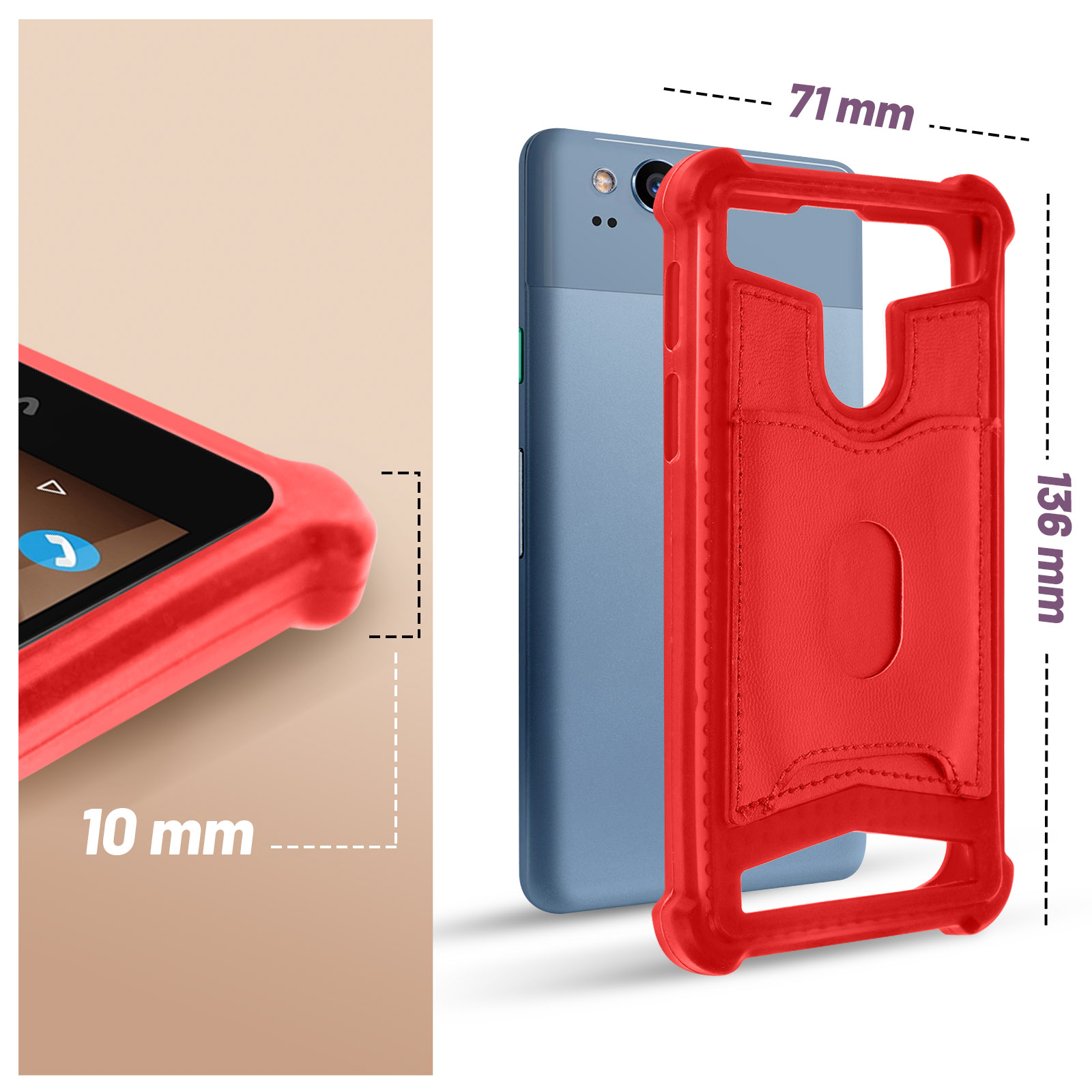Una custodia rossa per telefono con telefono all'interno, con dimensioni: 10mm, 71mm e 136mm, su sfondo chiaro.