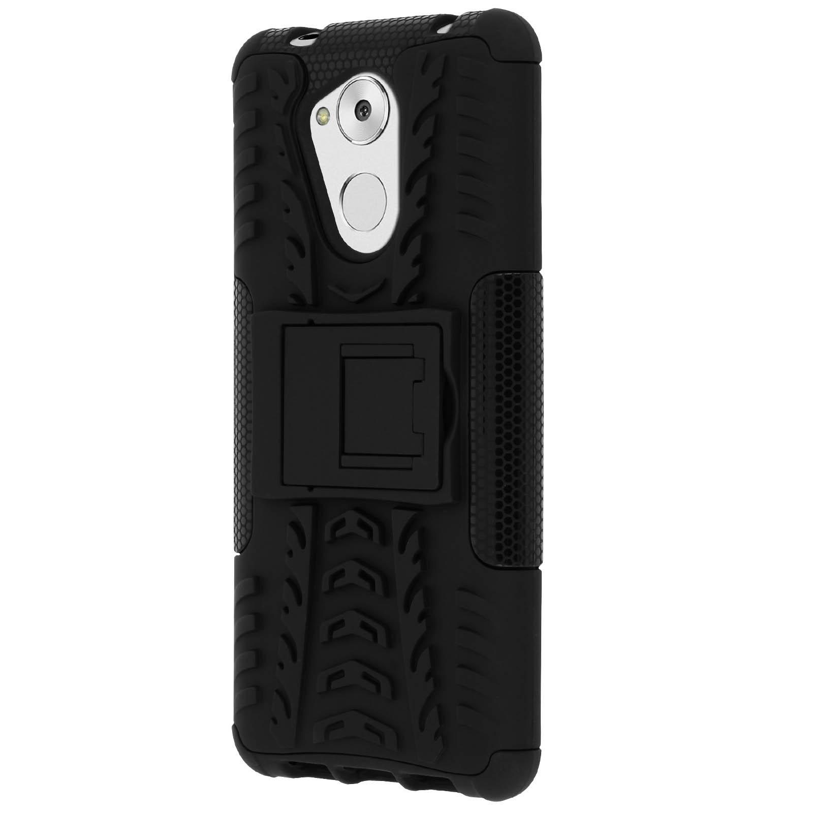 Una custodia nera per telefono con cavalletto. Ha un design strutturato e un ritaglio per la fotocamera.