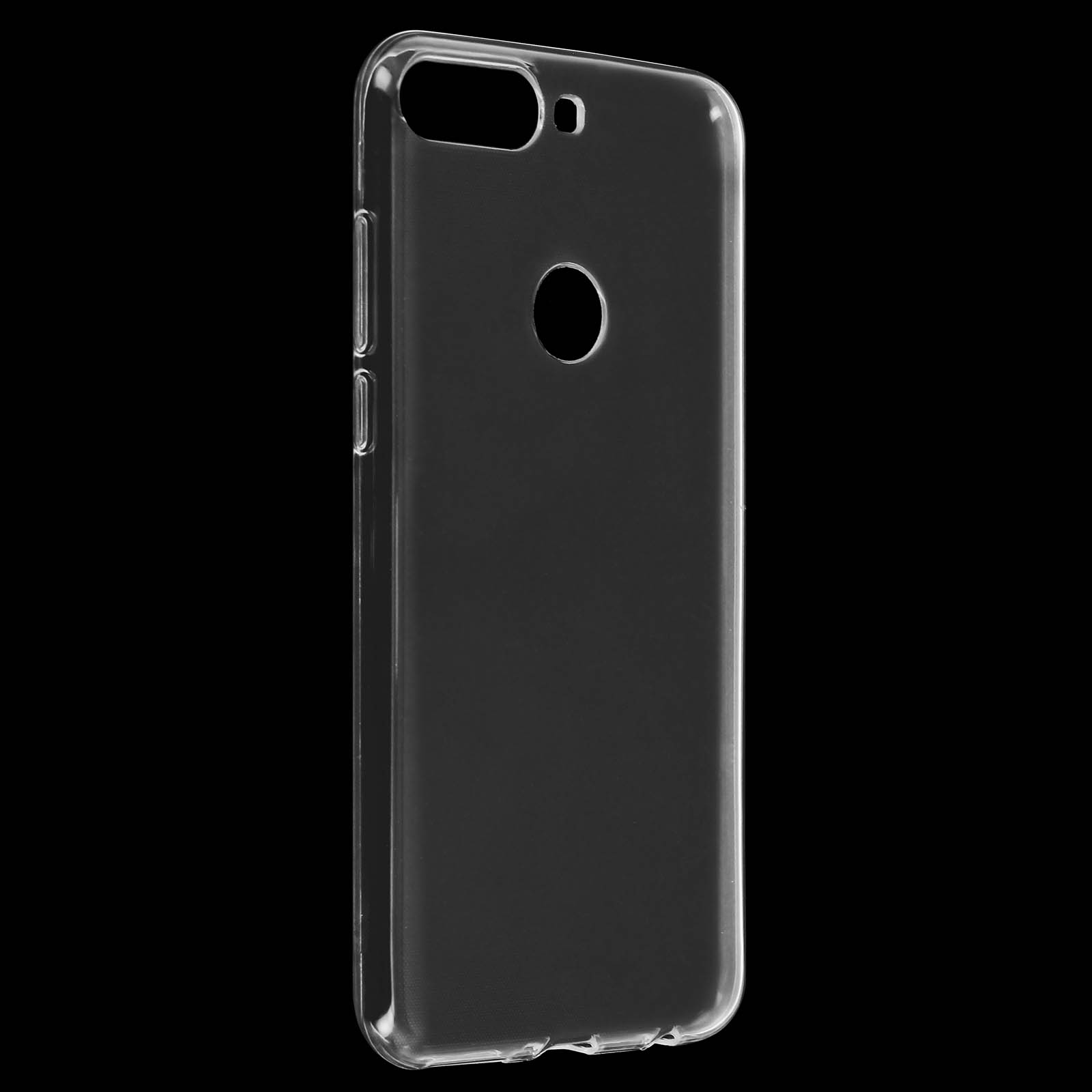Una custodia trasparente per telefono, con fori per la fotocamera e altre funzioni, su sfondo nero.