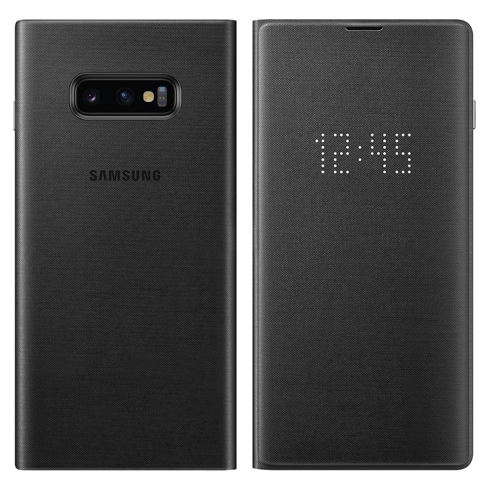 Dwa widoki czarnego etui na telefon, jeden otwarty pokazujący godzinę, drugi zamknięty.