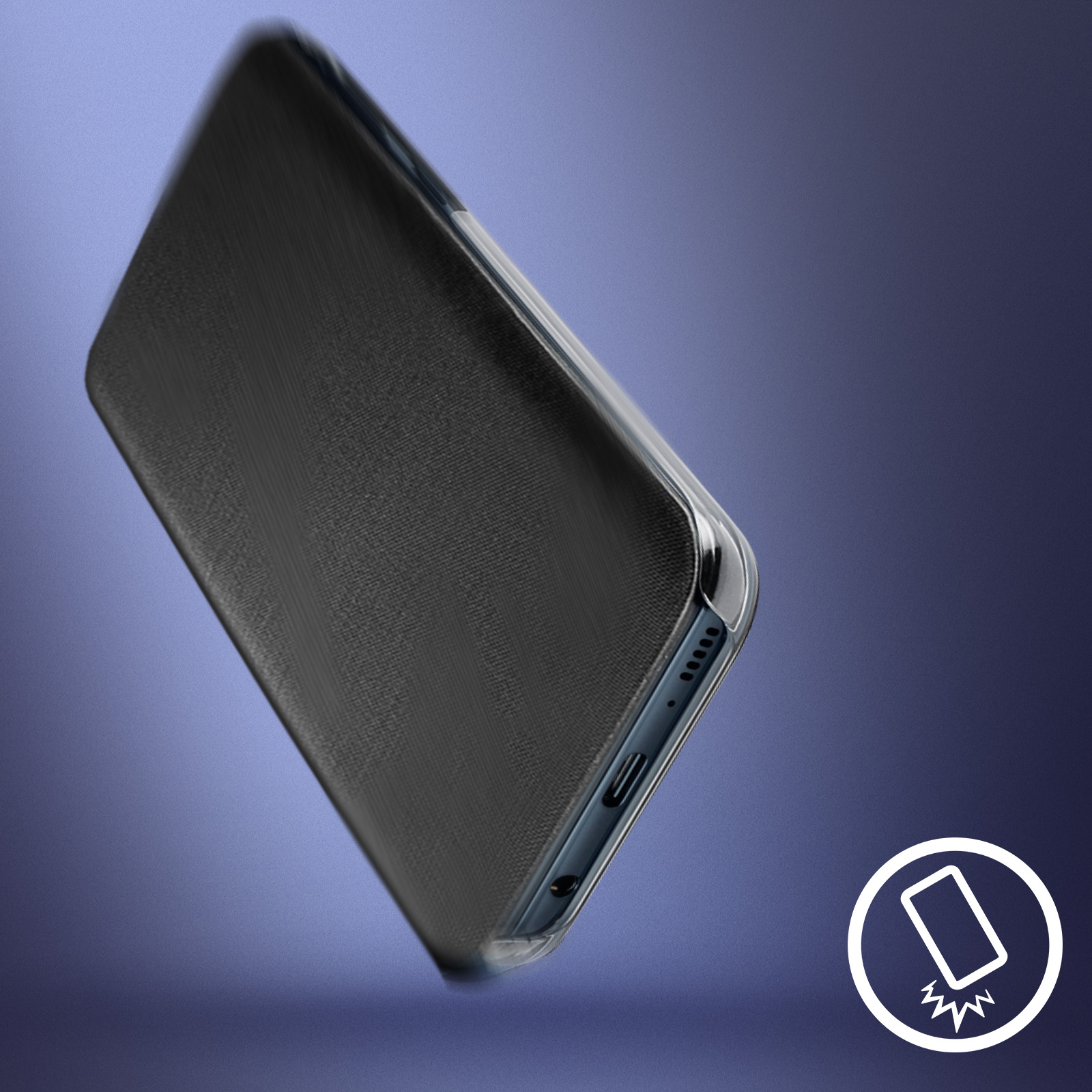 Czarne etui na telefon z teksturowaną powierzchnią. Telefon jest pod kątem. Tło jest niebieskie z symbolem.
