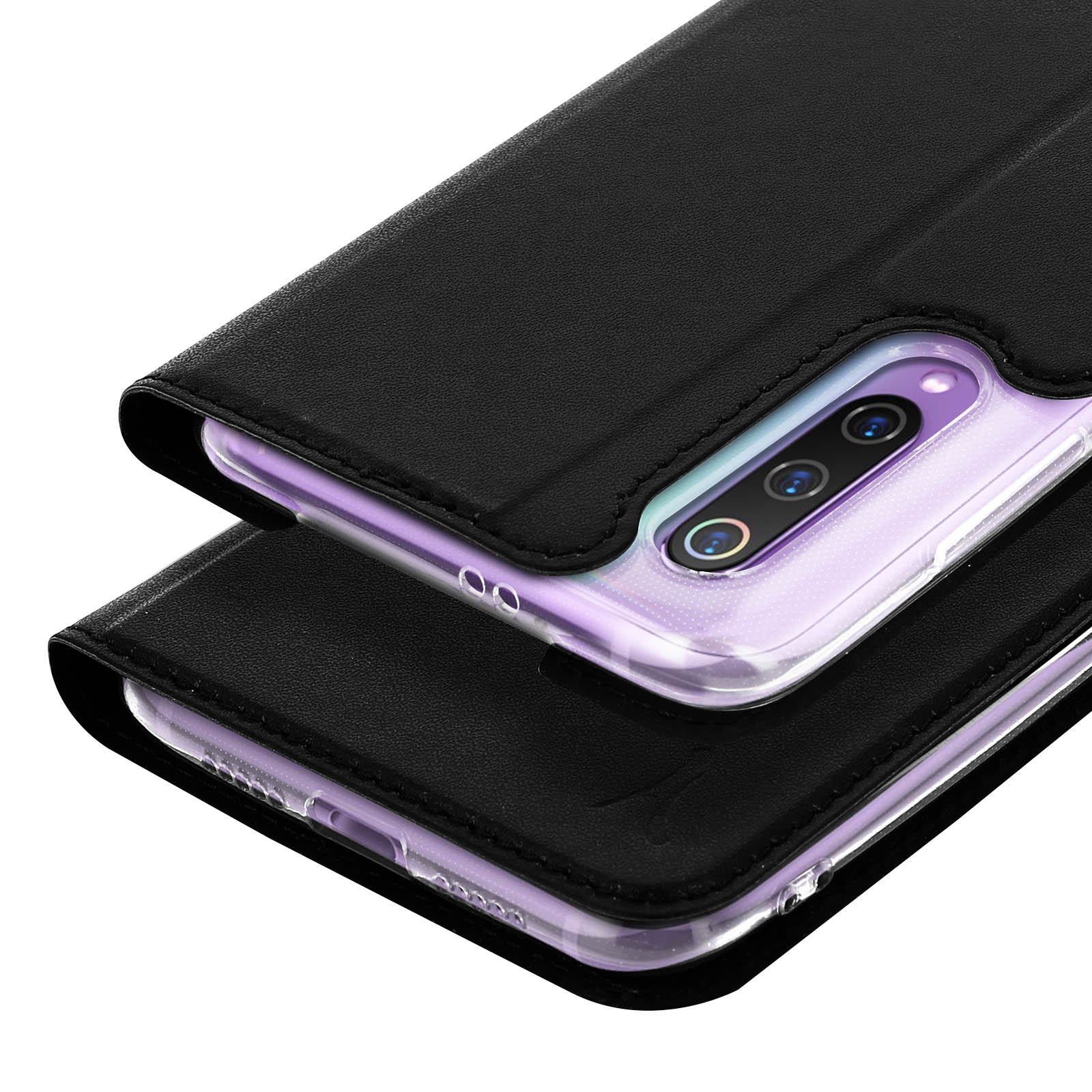 Due custodie per telefoni nere impilate. Quella superiore è aperta e mostra un telefono con fotocamere.