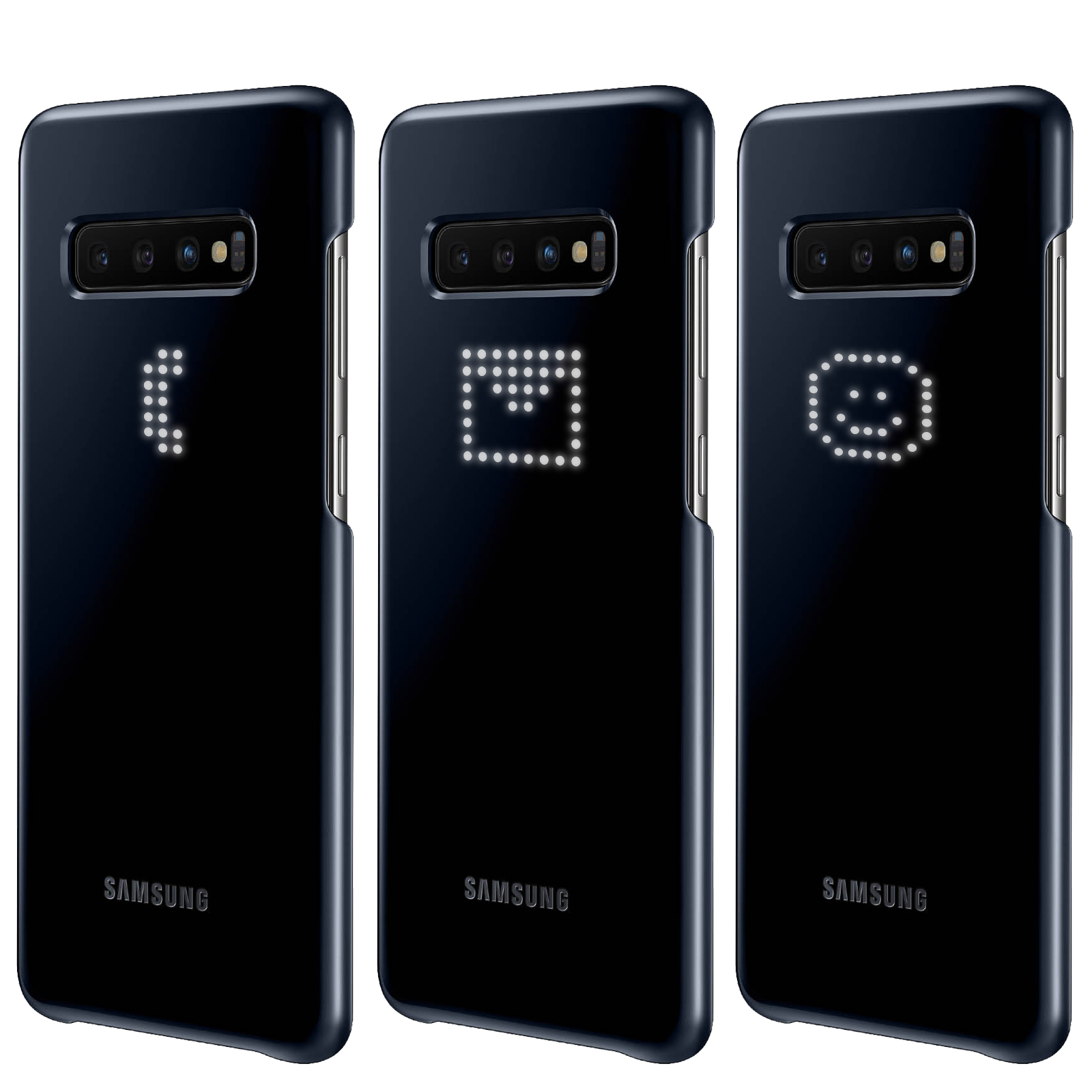 Drei schwarze Handyhüllen mit LED-Symbolen: Ausrufezeichen, E-Mail und Smiley. Samsung-Logo unten.