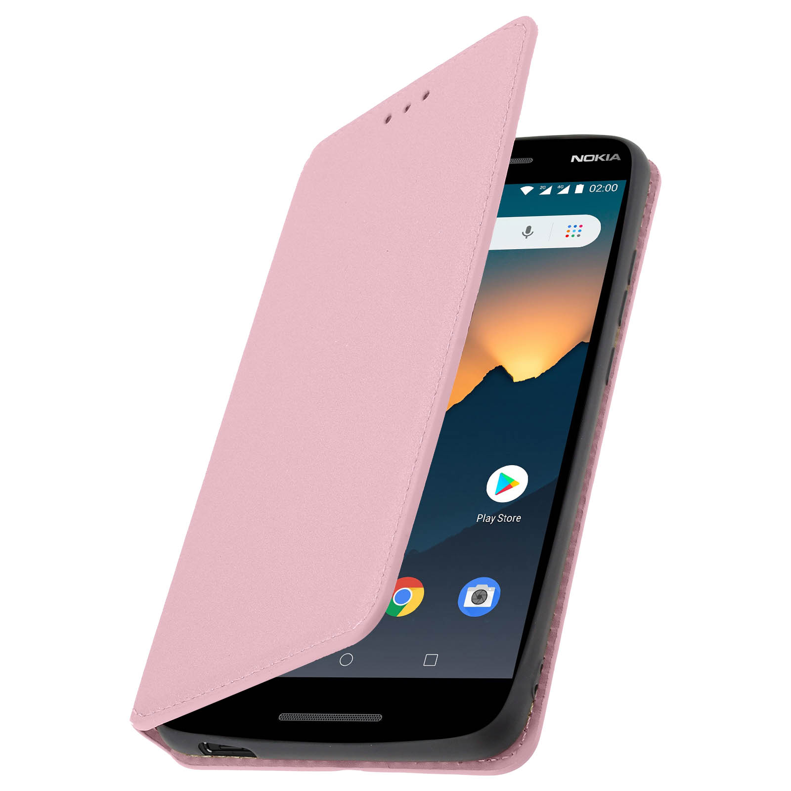 Custodia rosa su telefono nero, parzialmente aperta. Il telefono mostra l'icona Play Store.