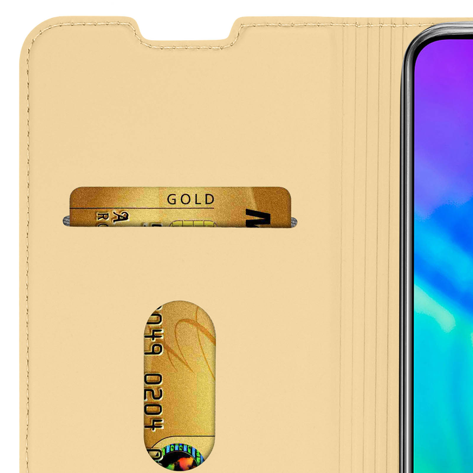 Interno custodia telefono con fessura per carte e carta oro.
