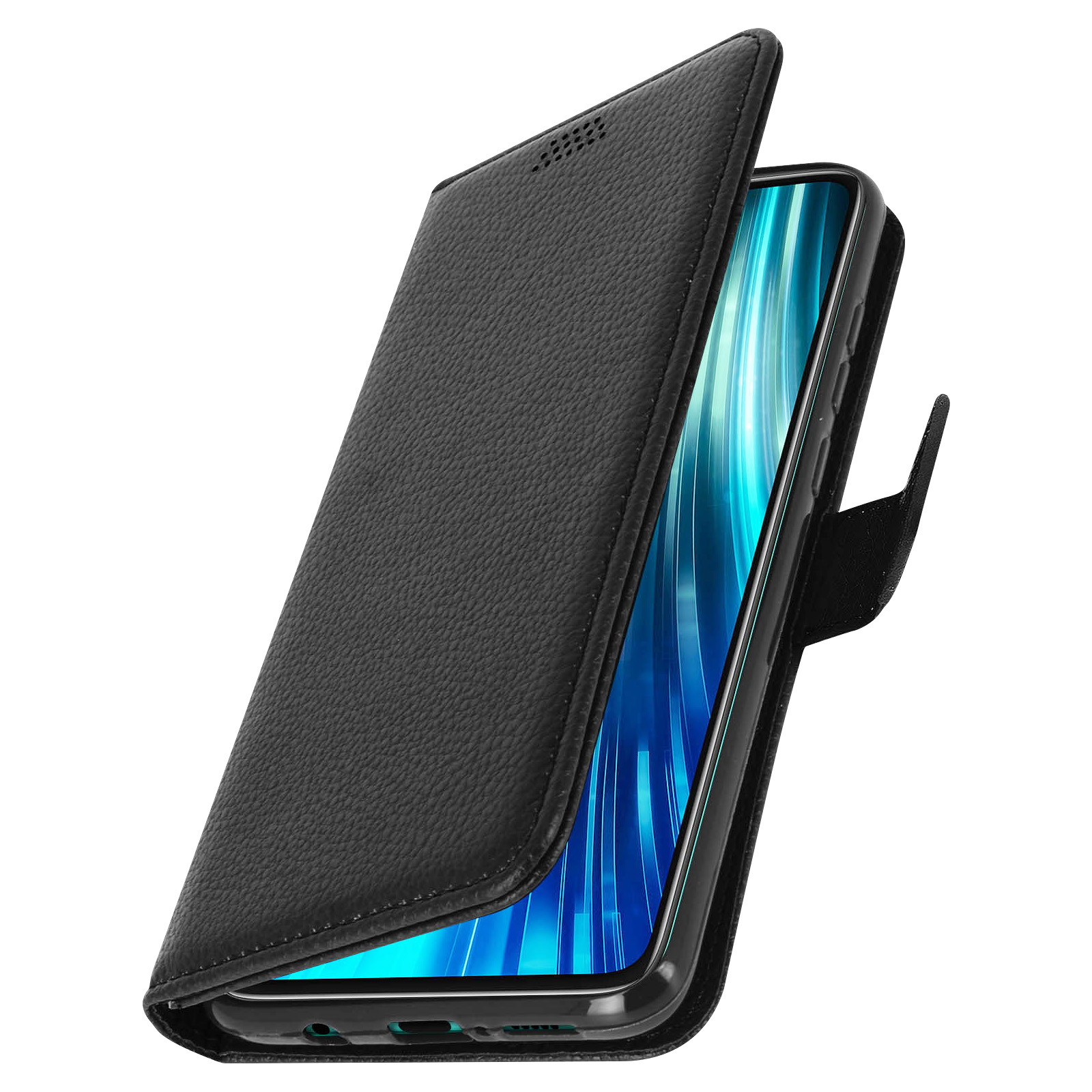 Coque de téléphone noire avec téléphone, ouverte sur le côté gauche.