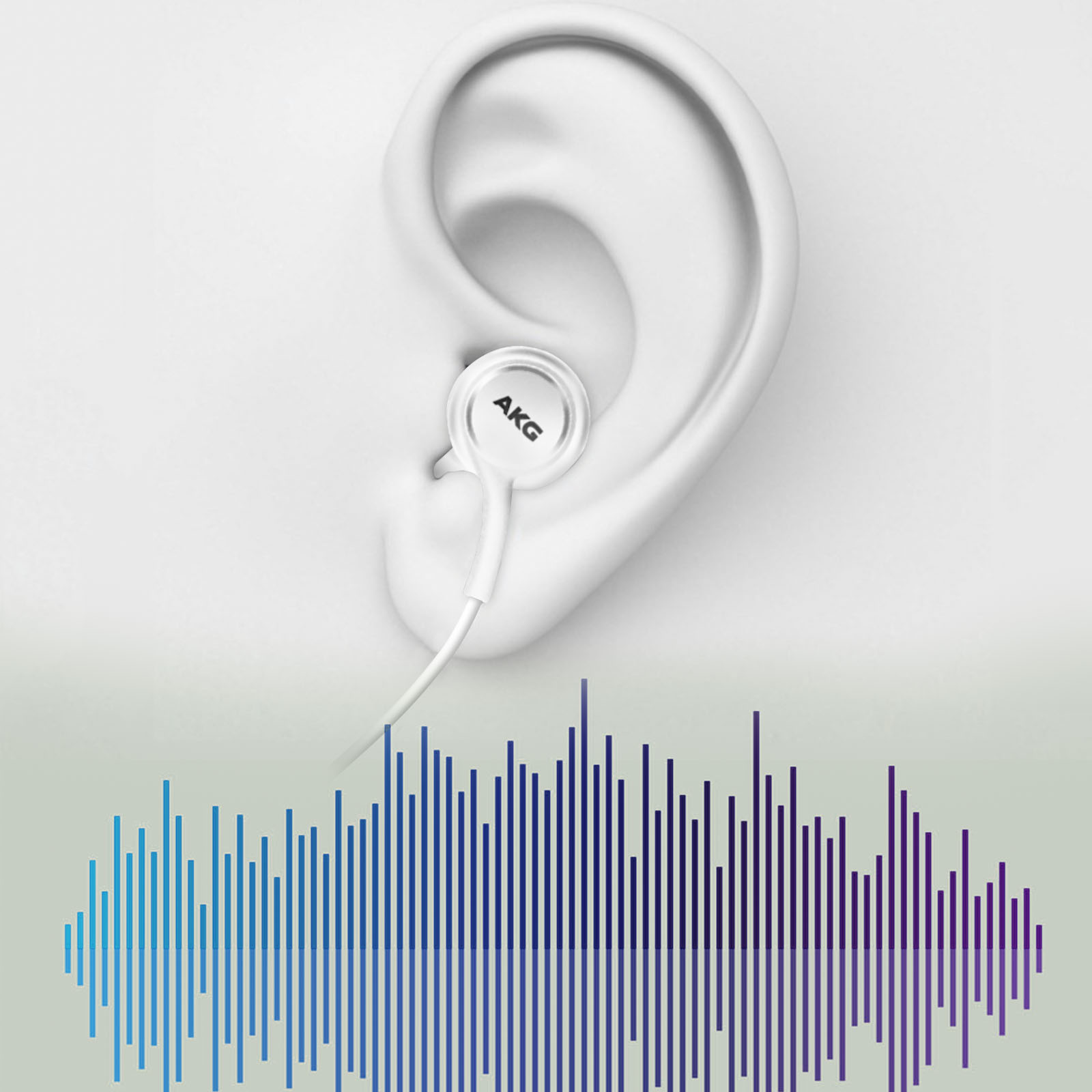 Białe słuchawki z wizualizacją fali dźwiękowej. Słuchawka jest obok ucha.