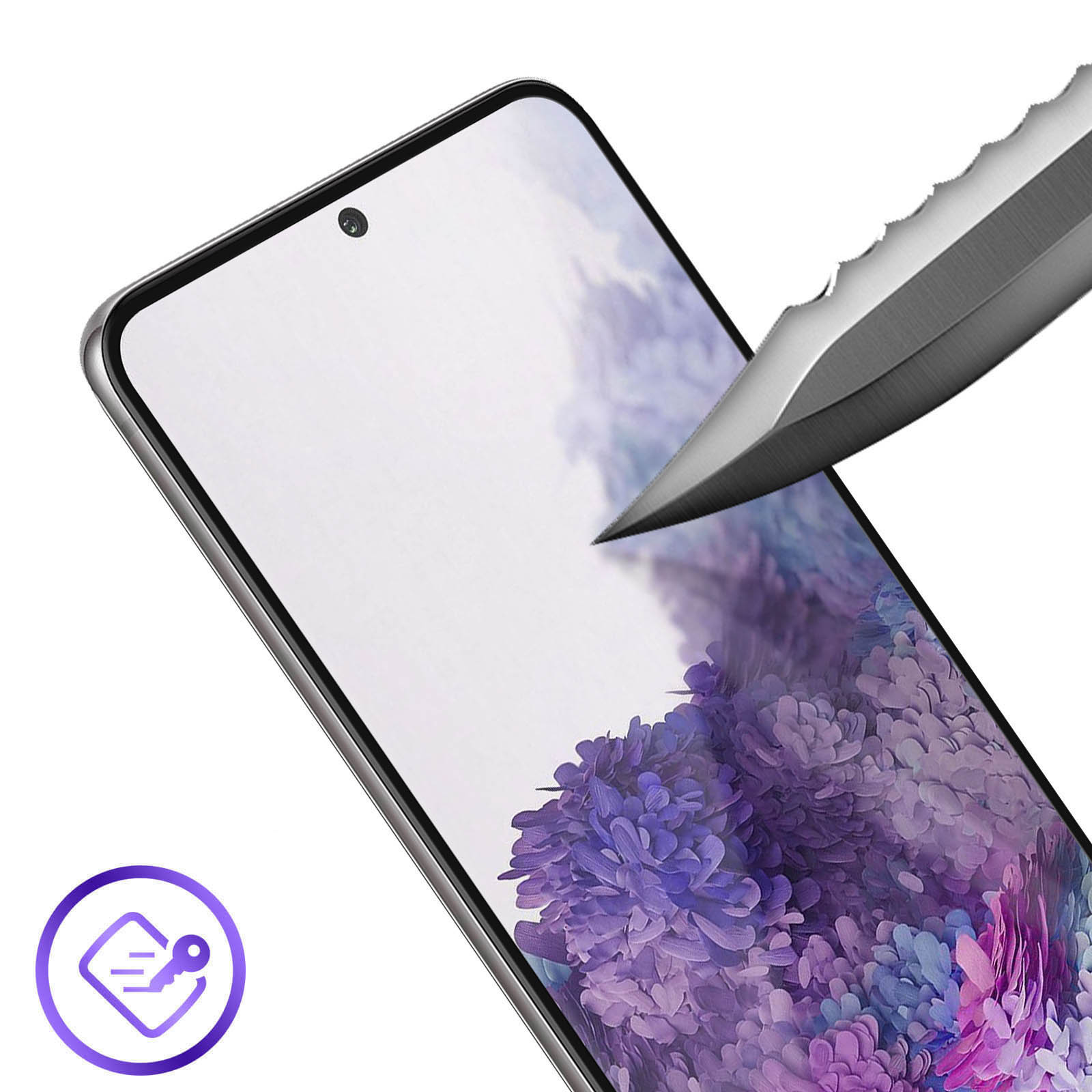 Un proteggi schermo viene testato con un coltello. Lo schermo mostra un motivo floreale. Un'icona di sicurezza è nell'angolo.