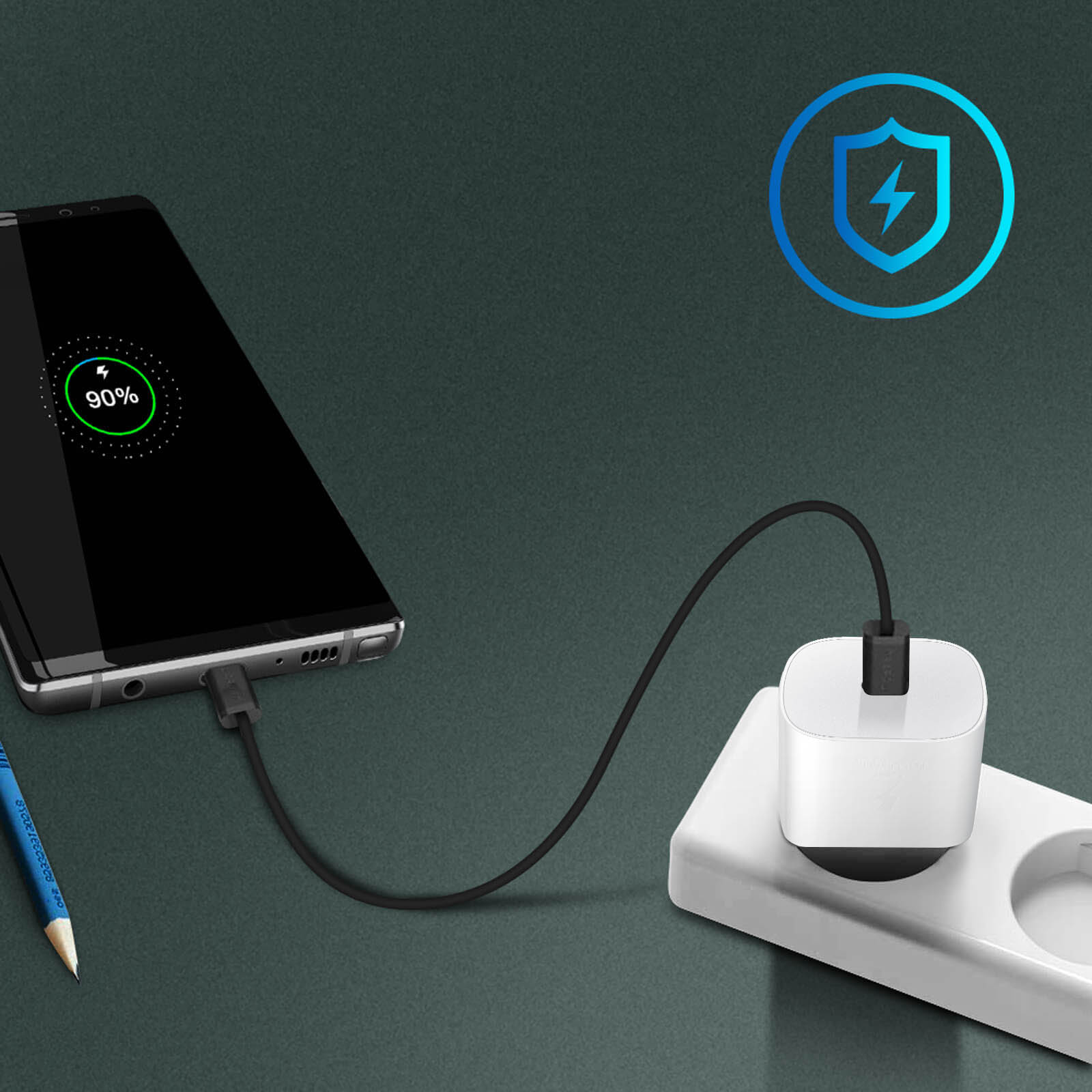 Un téléphone en charge sur un chargeur blanc connecté à une prise murale.