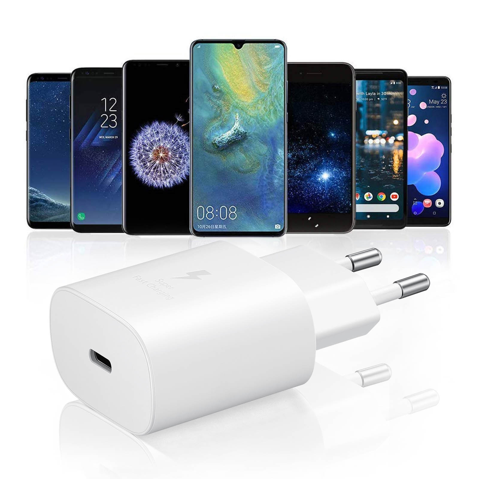 Sept smartphones et un chargeur blanc. Les téléphones sont de différentes marques.