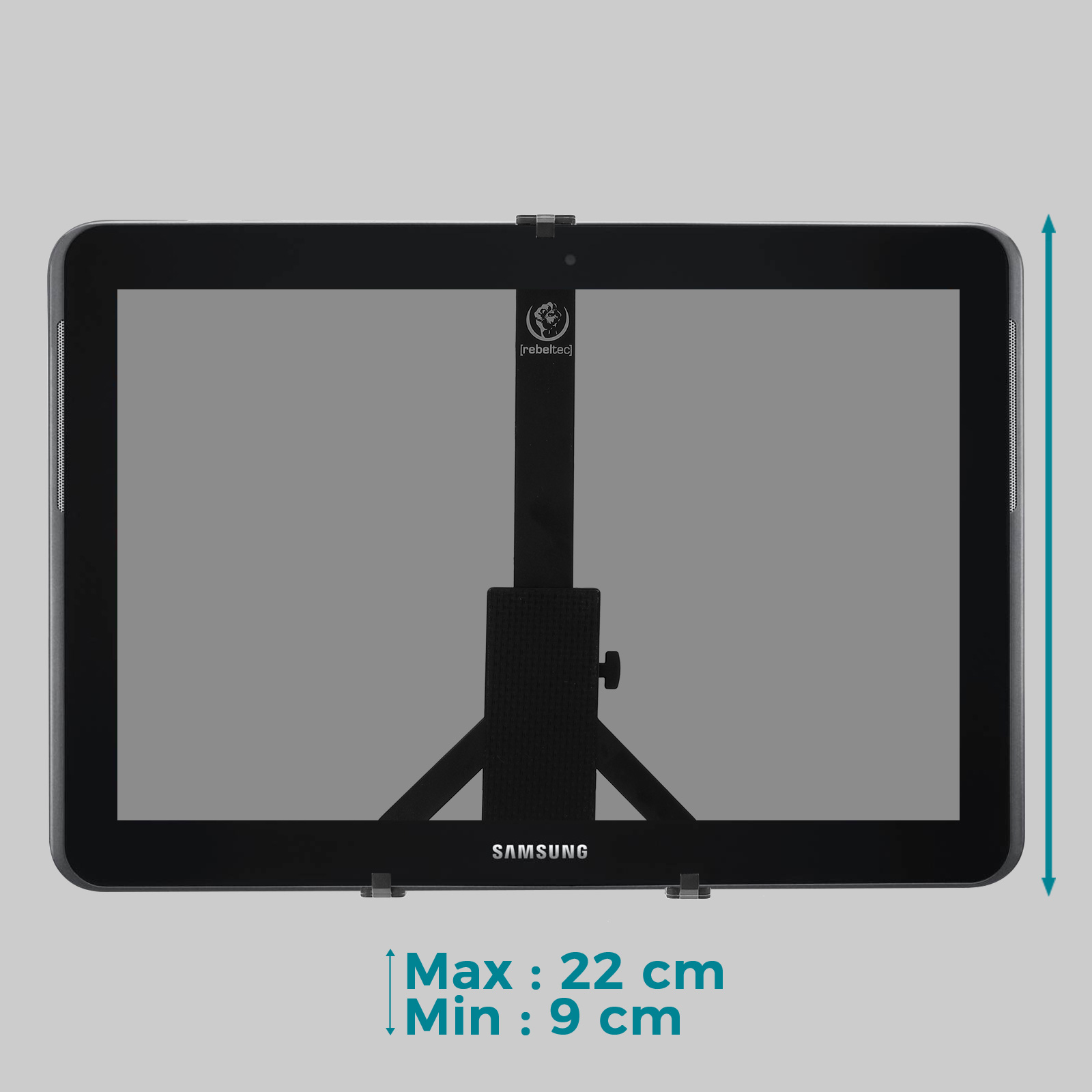 Schwarzes Tablet mit Ständer, Bildschirm zeigt Samsung-Logo. Der Bildschirm hat eine Größe von 22 cm.