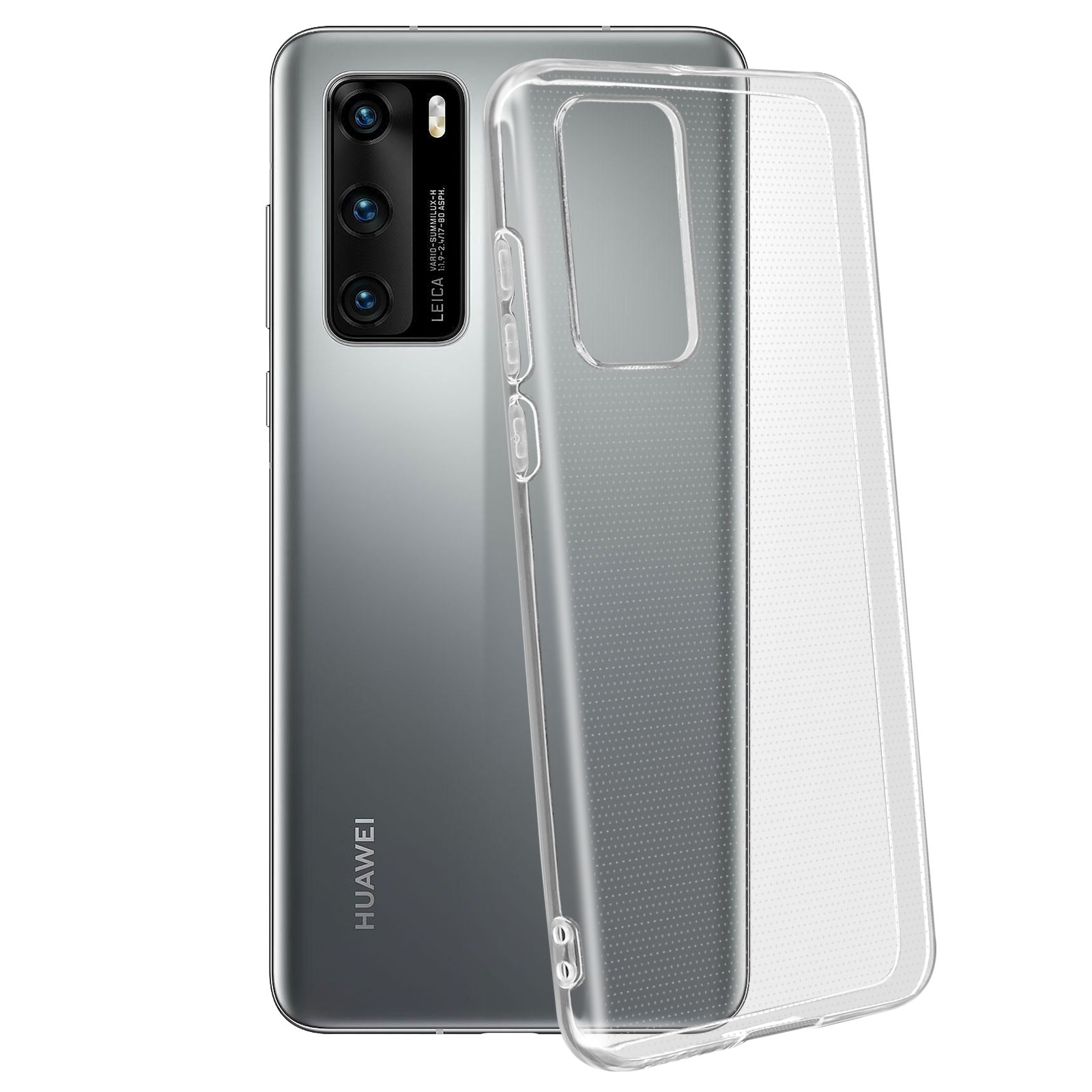 Un téléphone Huawei argenté avec une coque transparente. Le téléphone a trois caméras et la coque est transparente.