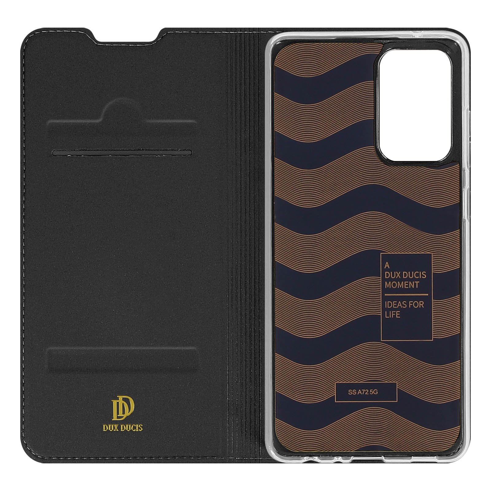 Geöffnete Handyhülle mit Telefon. Schwarz mit braunem Muster. Das Handy hat ein Muster.