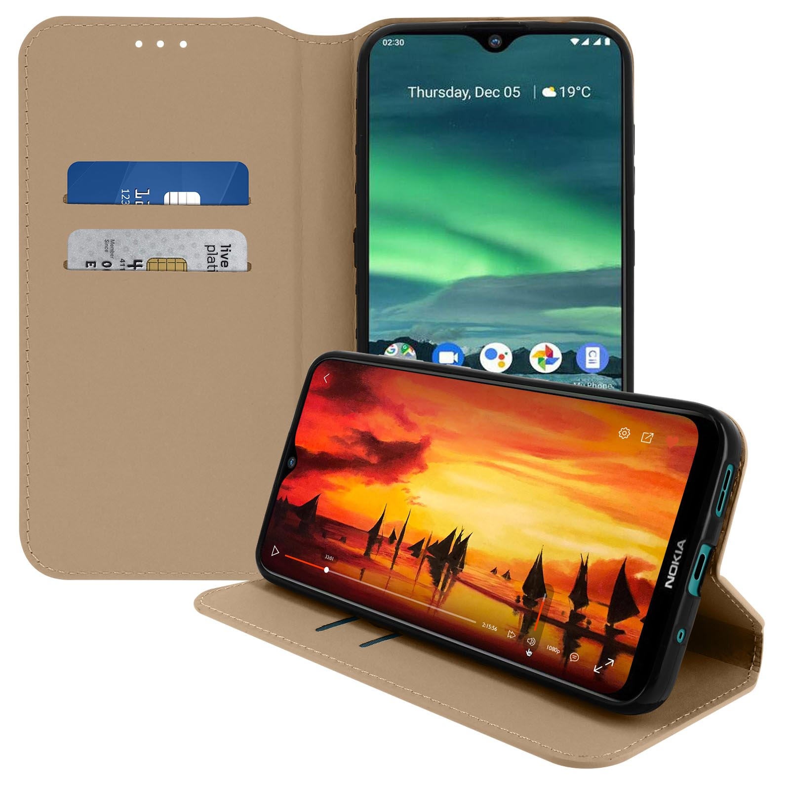 Una custodia per telefono con un telefono dentro, un altro telefono sopra.