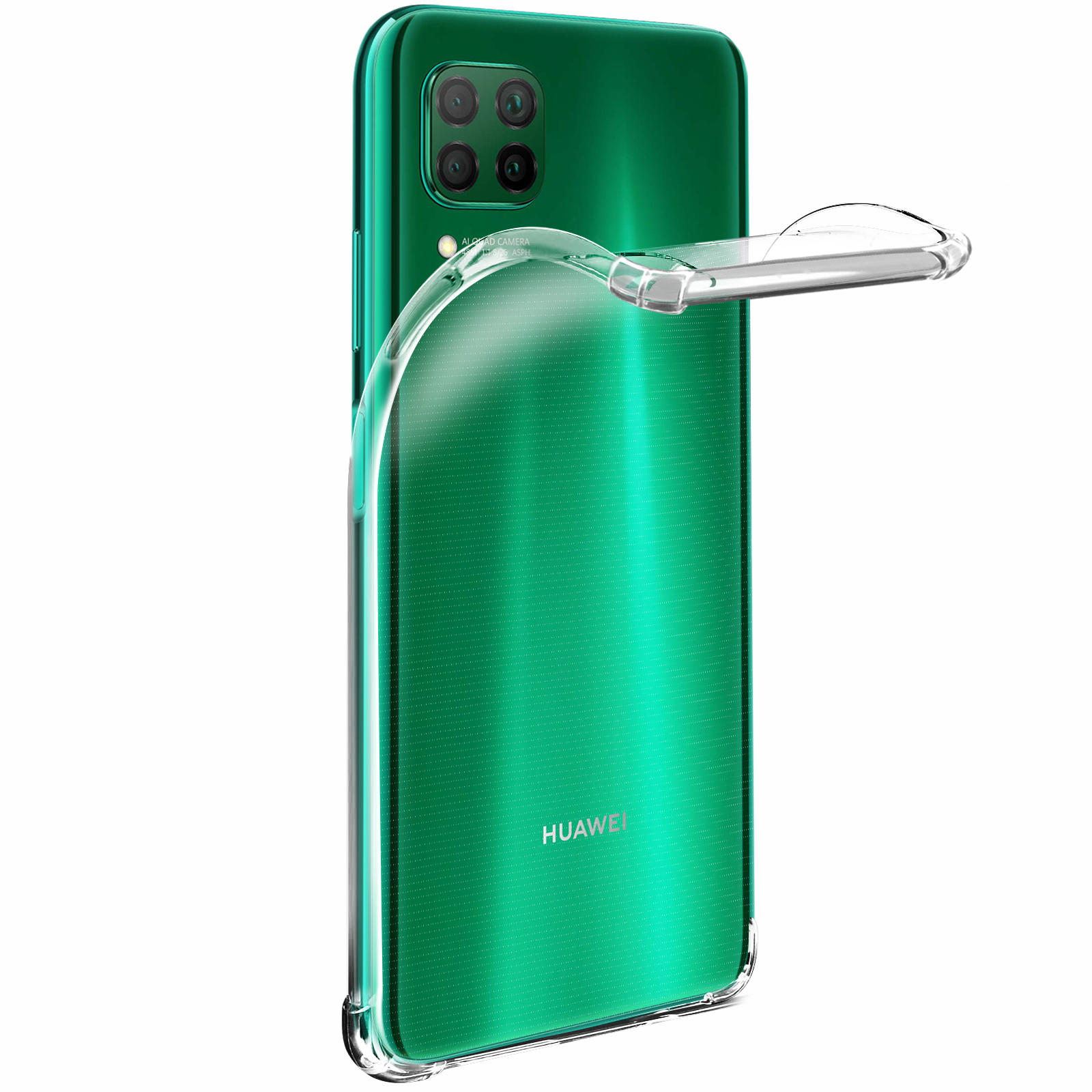Telefono verde con custodia trasparente. Il telefono ha quattro obiettivi e una custodia trasparente curva.