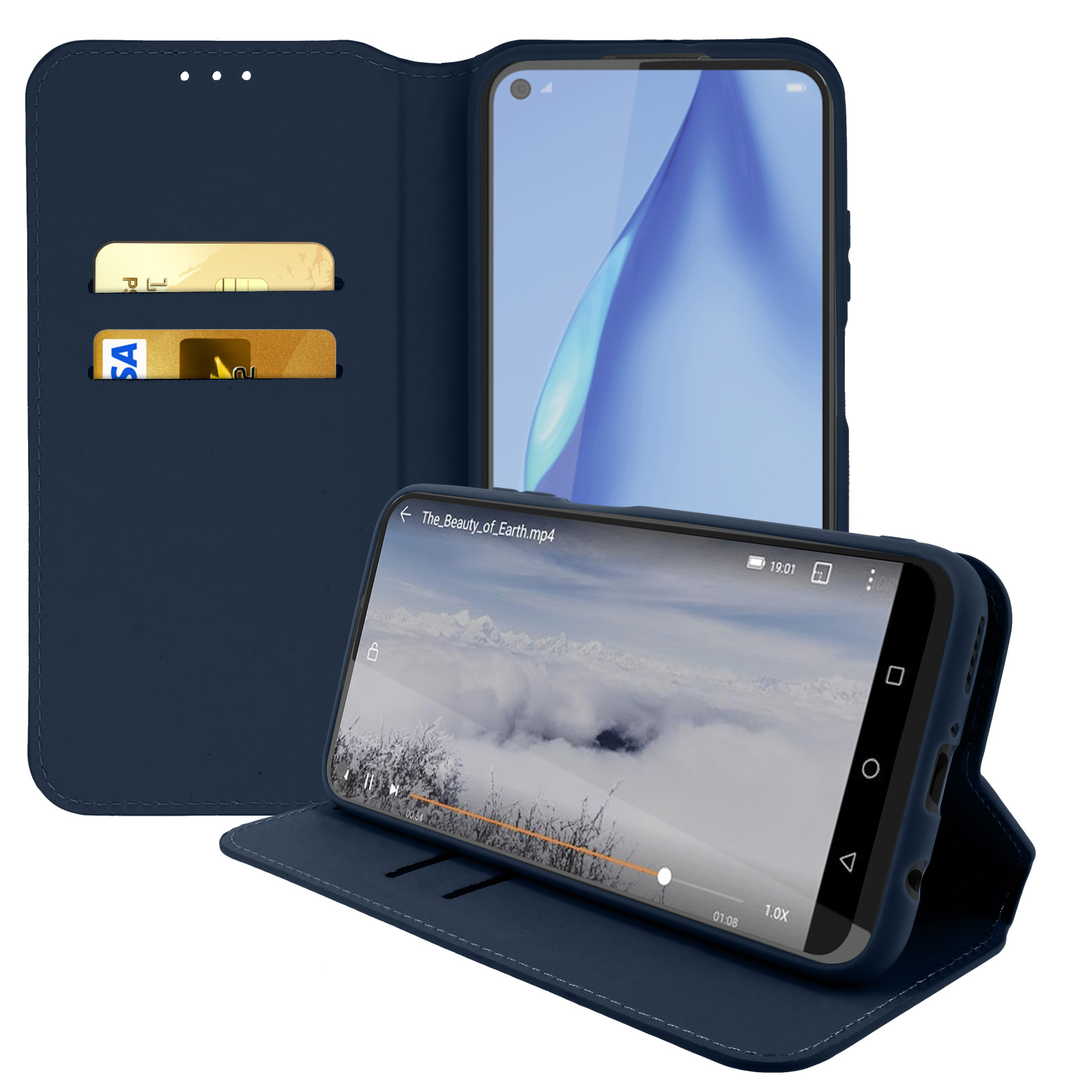 Blauwe telefoonhoes, open en toont telefoon met een video die wordt afgespeeld. Extra telefoon zichtbaar.