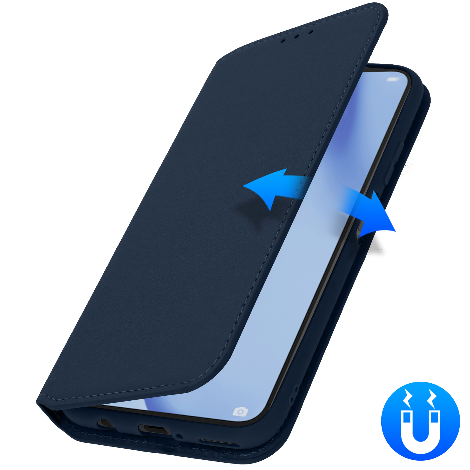 Blauwe telefoonhoes, open, met twee blauwe pijlen. Telefoonscherm is zichtbaar. Cirkel met magneetpictogram.