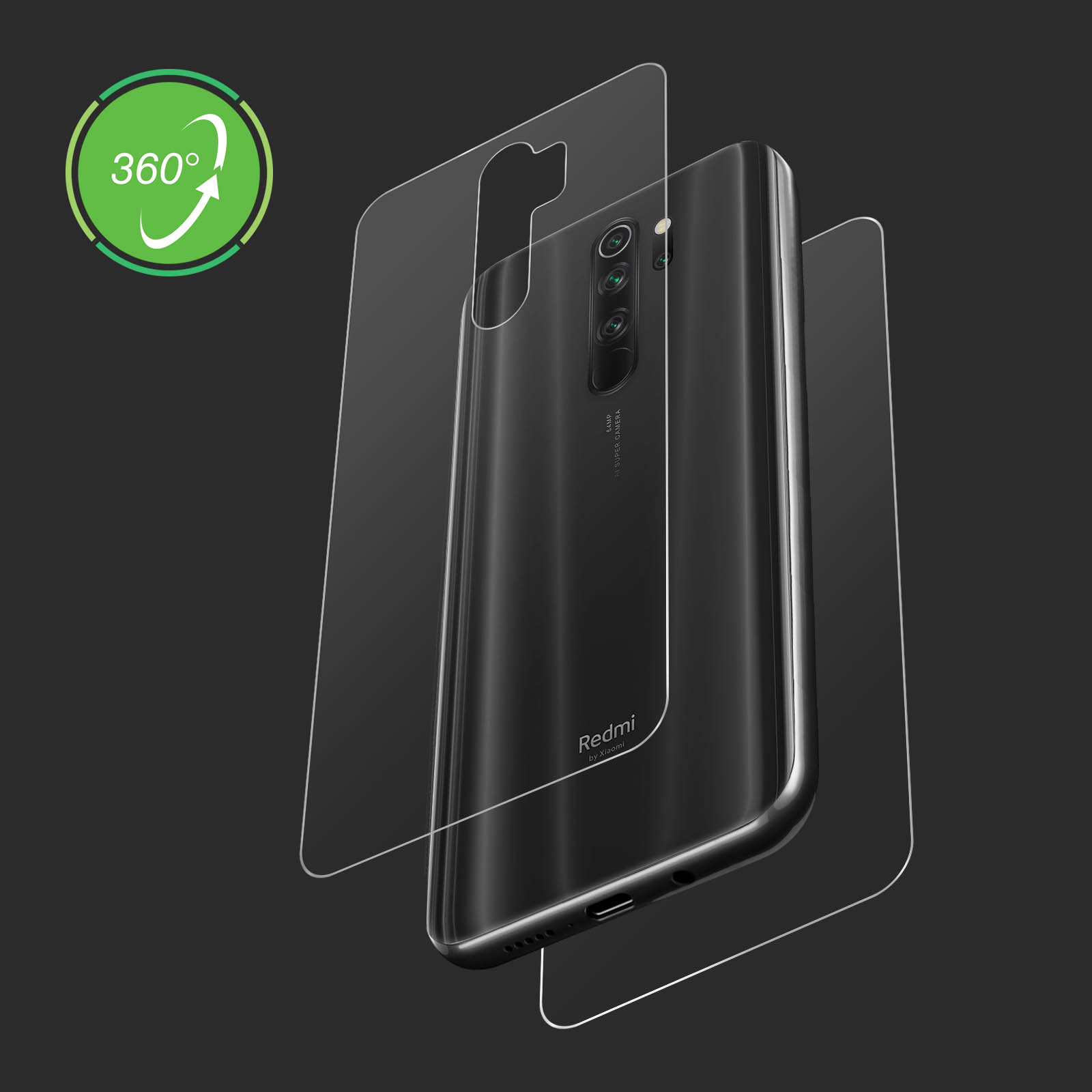 Telefono Redmi nero con protezioni schermo. Logo 360° in alto a sinistra. Sfondo grigio scuro.