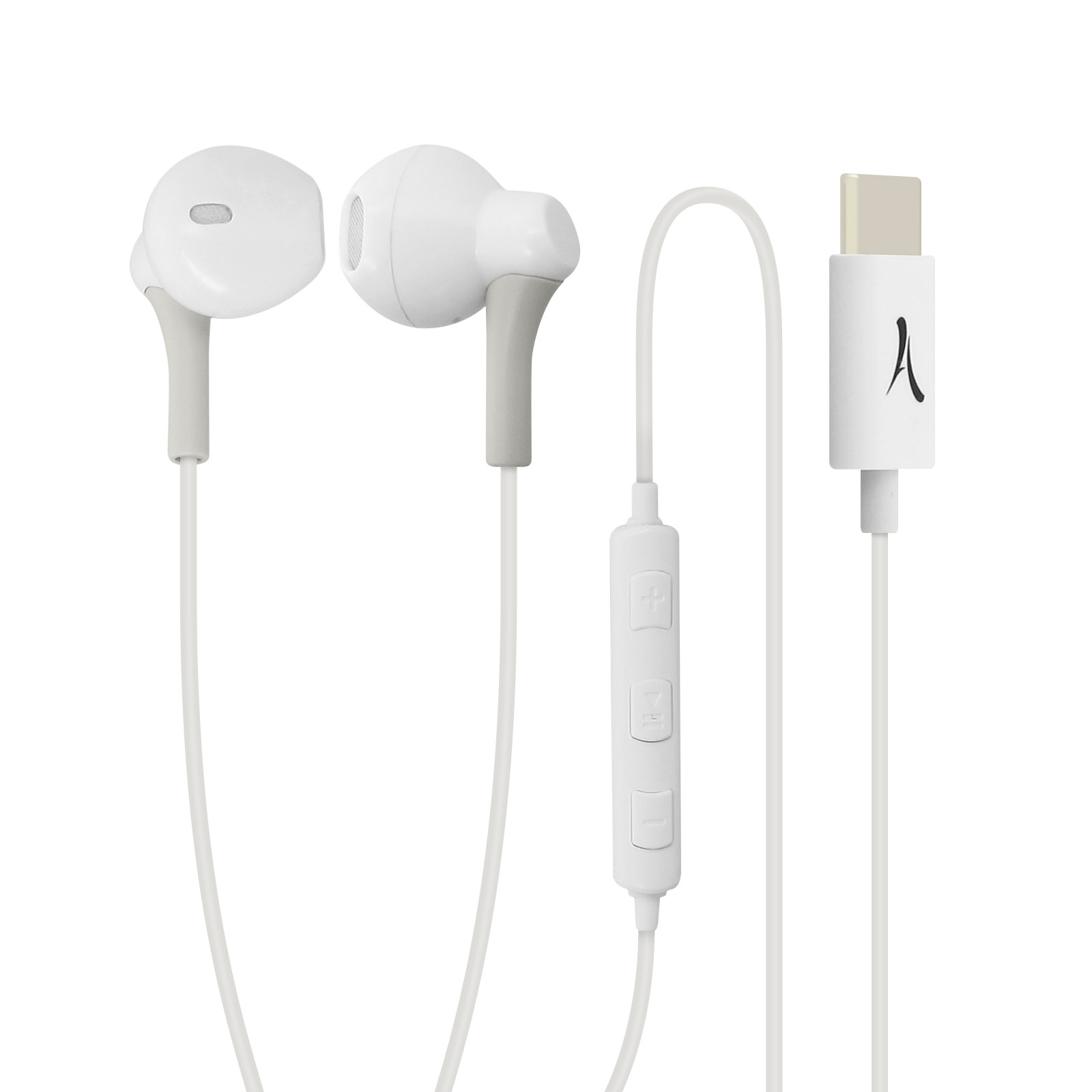 Witte oordopjes met een witte bedieningsmodule en een USB-C-connector. Effen witte achtergrond.