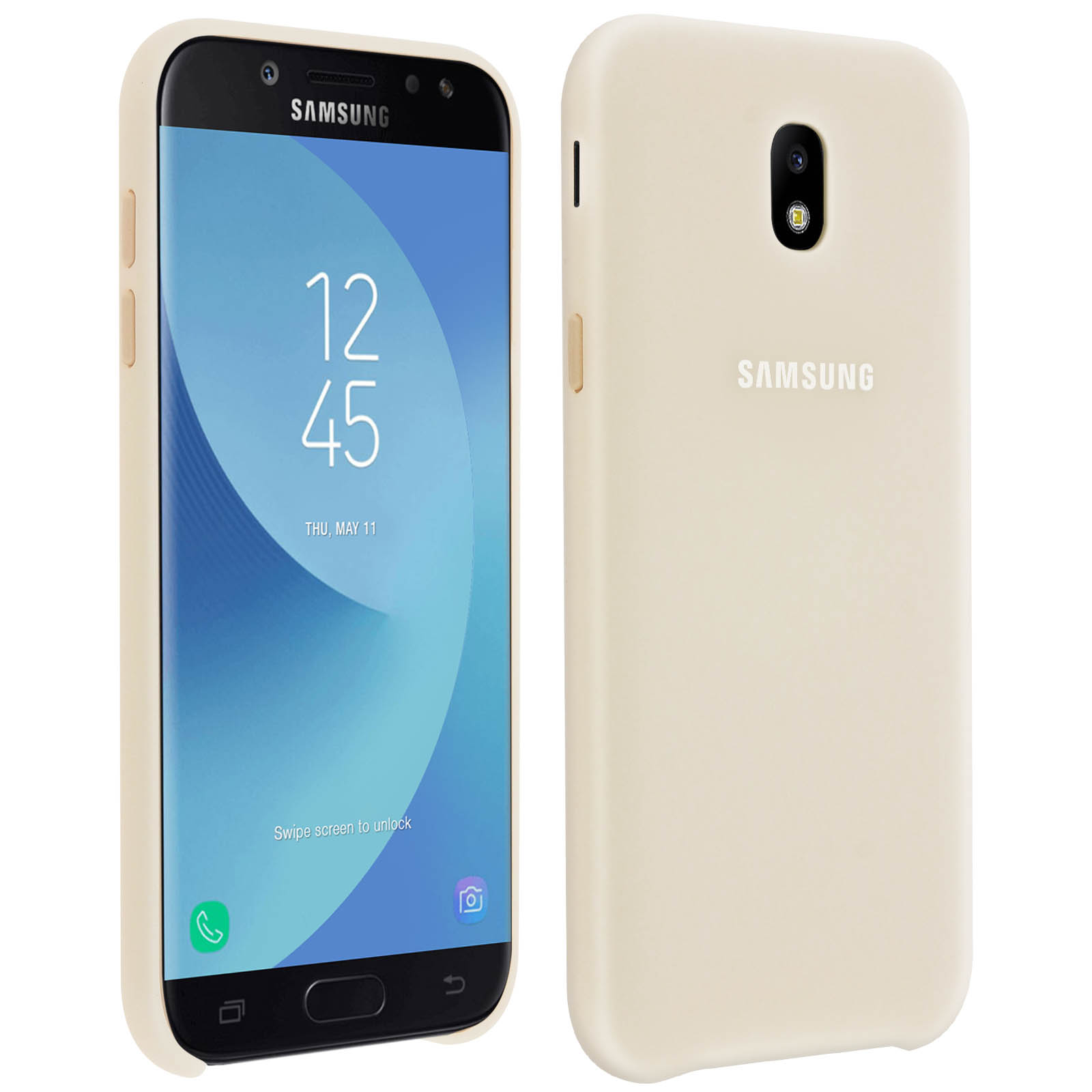 Una custodia per telefono su un telefono. La custodia è beige. Lo schermo del telefono mostra l'ora e la data.