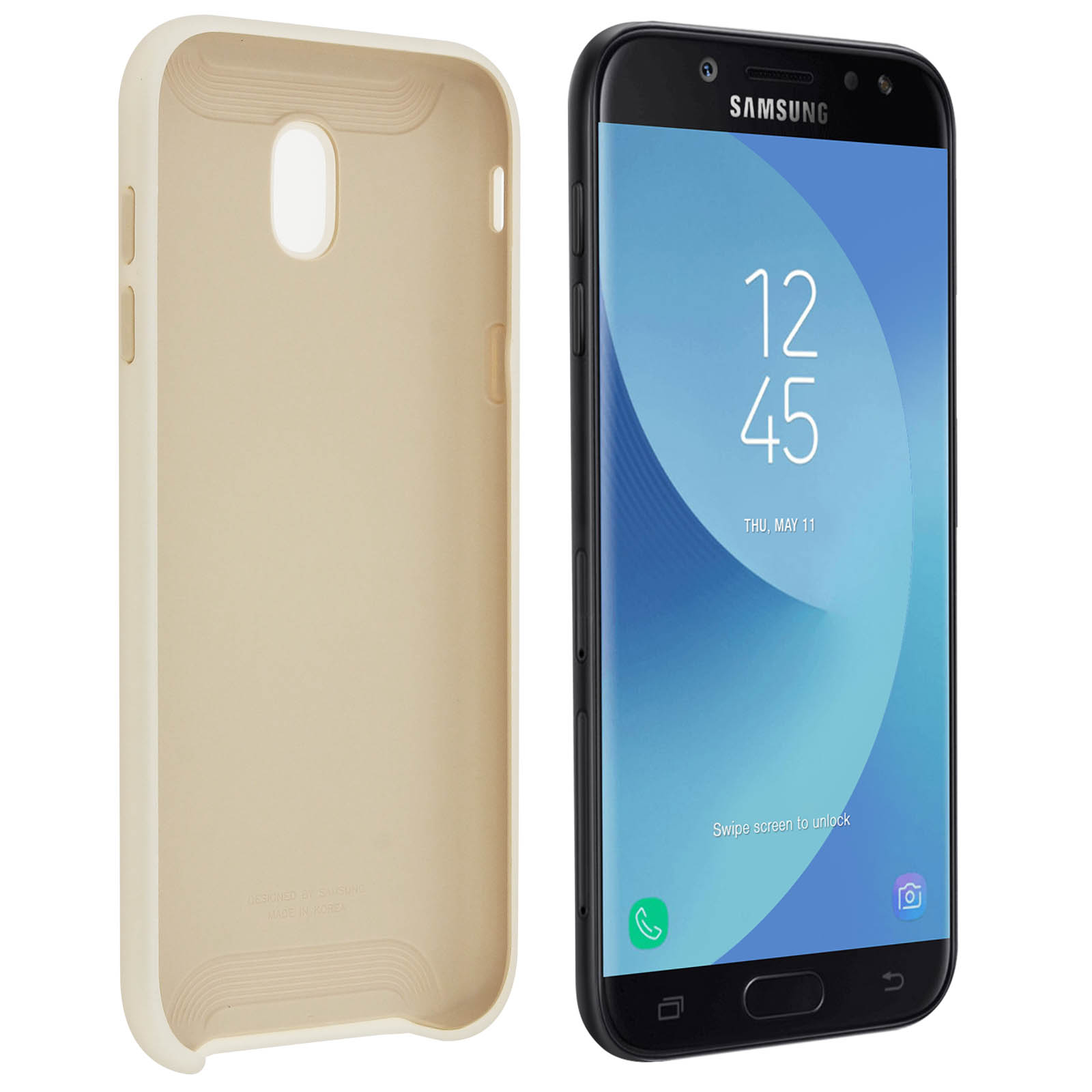 Un telefono accanto a una custodia beige. Il telefono ha uno schermo nero e una fotocamera.
