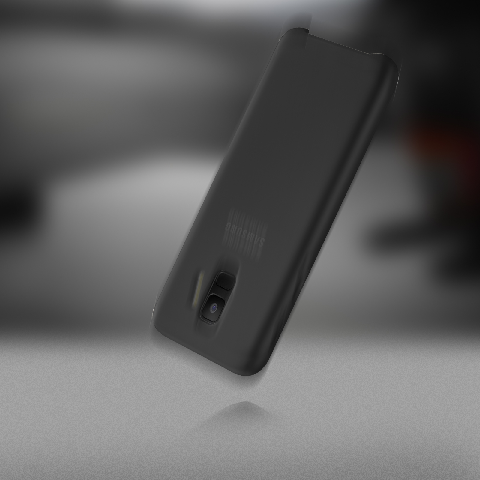 Eine schwarze Handyhülle auf einer hellgrauen Oberfläche. Das Telefon ist leicht geneigt, die Rückseite ist sichtbar.
