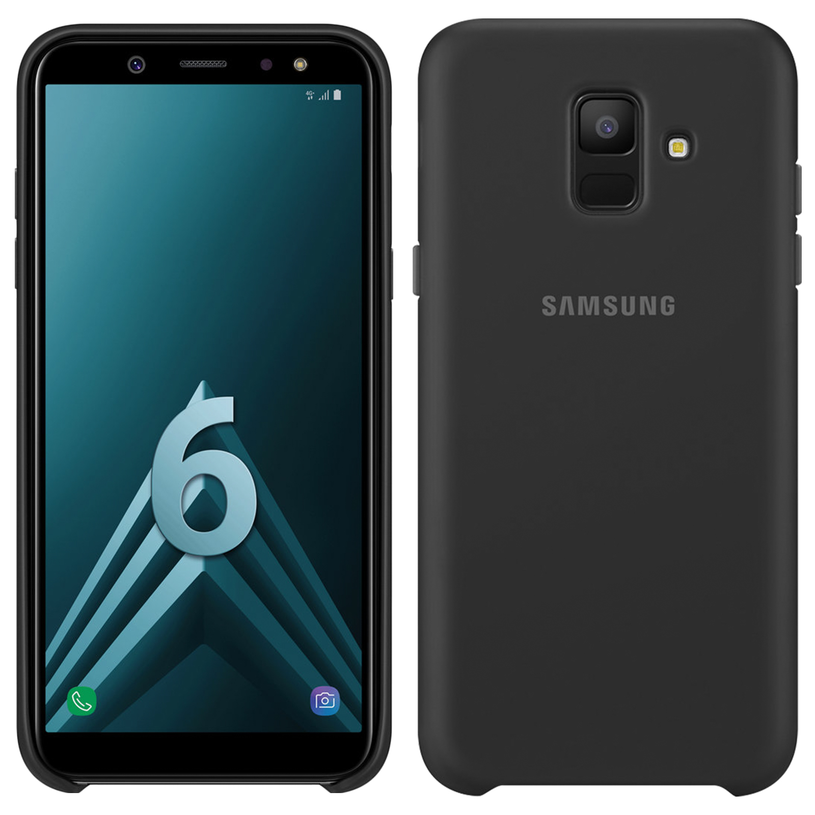 Zwei Seiten eines schwarzen Telefons mit Samsung-Logo.
