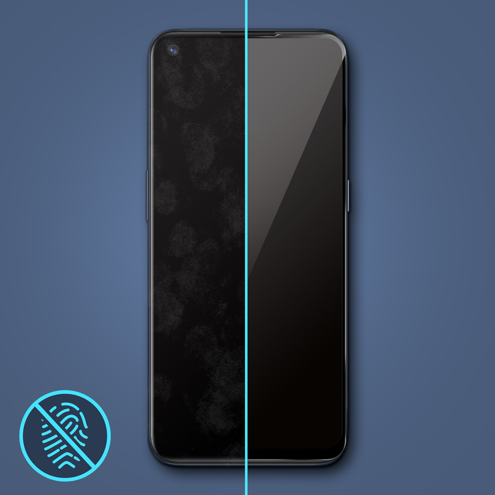 Schermo dello smartphone che mostra metà sporche e pulite. Sfondo blu. Icona dell'impronta digitale.