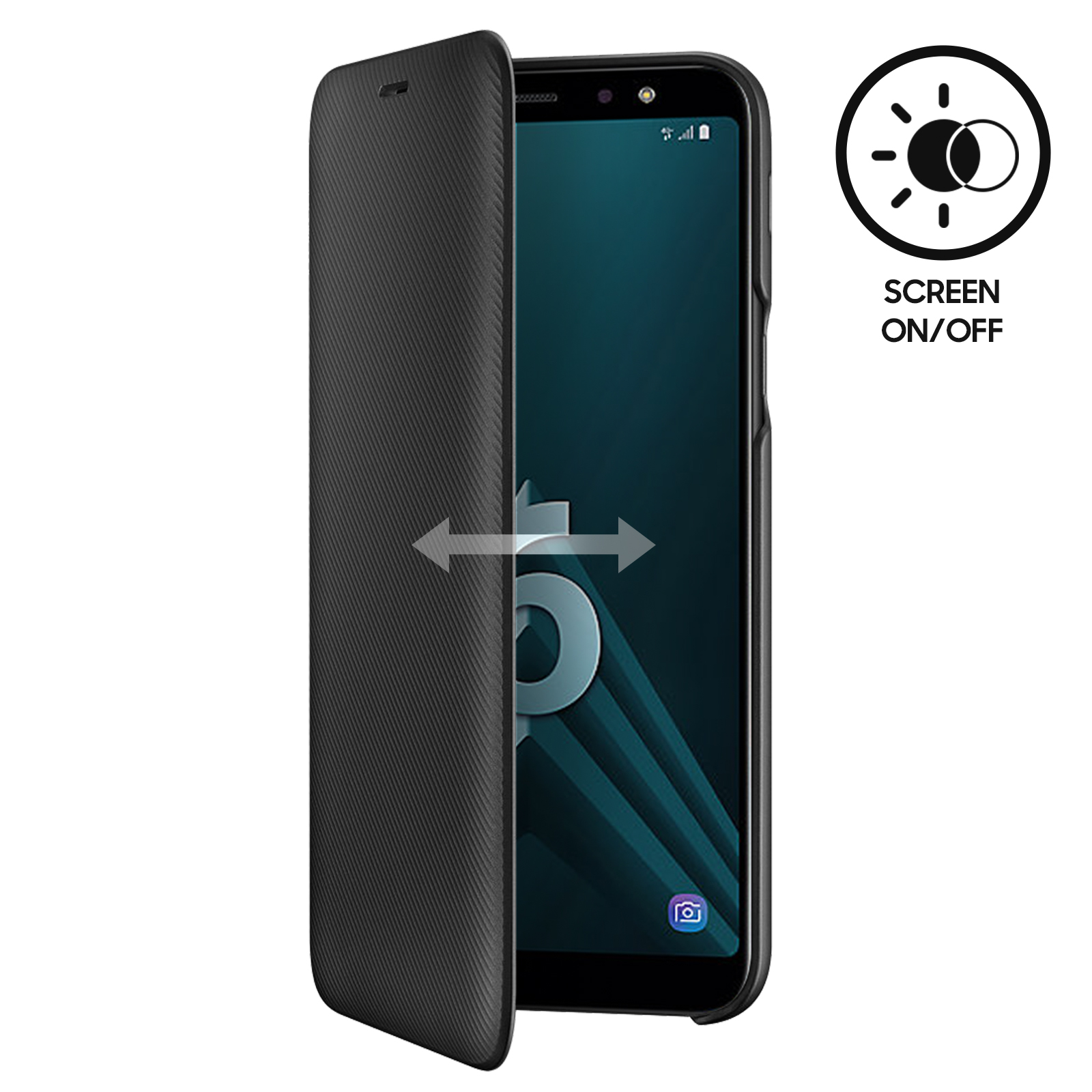 Telefono nero con custodia aperta, che mostra lo schermo. Icona on/off nell'angolo in alto a destra.