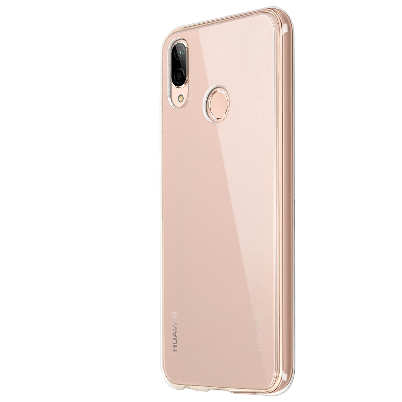 Custodia trasparente per telefono su un telefono. La custodia è color oro rosa.
