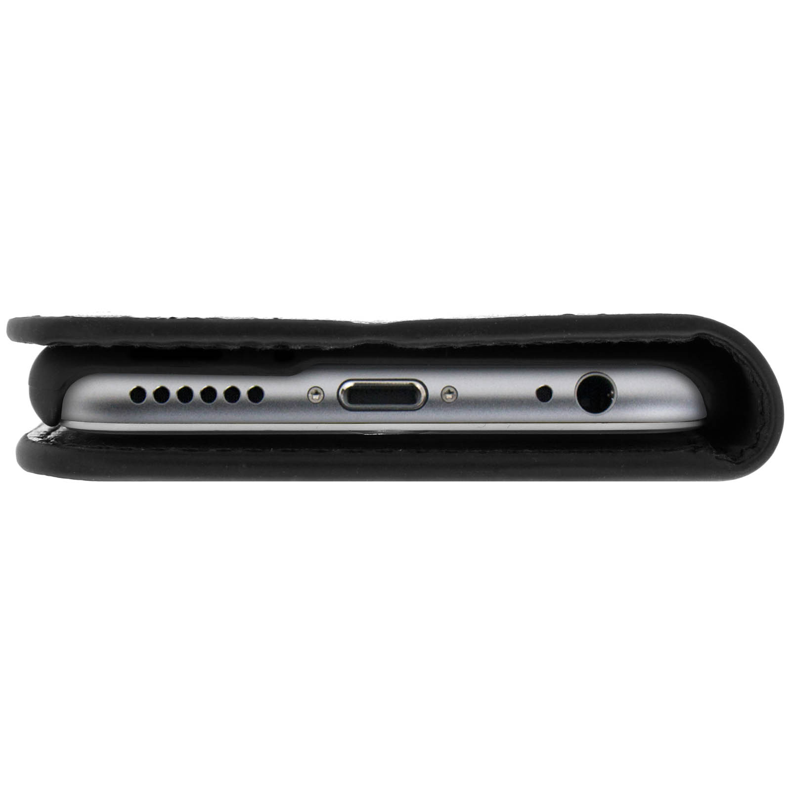 Parte inferiore del telefono nero con porte. Una porta di ricarica e un jack per cuffie sono visibili.