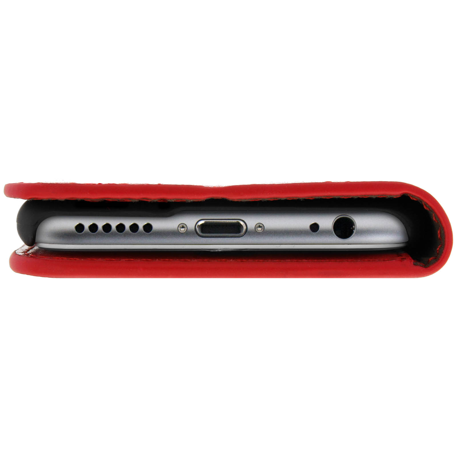 Telefono in una custodia di pelle rossa, porte visibili. Primo piano della parte inferiore del telefono.