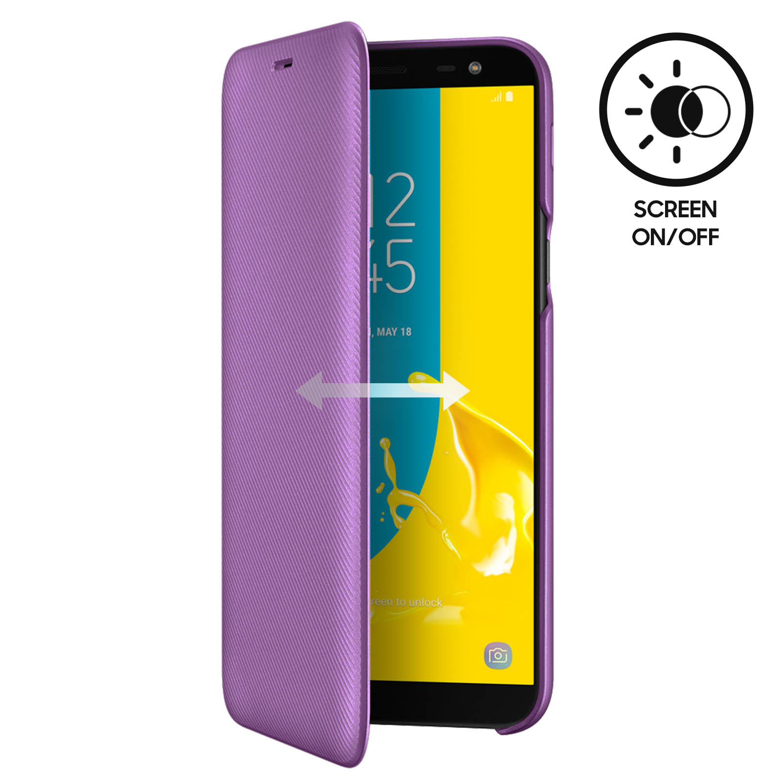 Funda morada para teléfono con un teléfono dentro. La funda se abre a la izquierda.