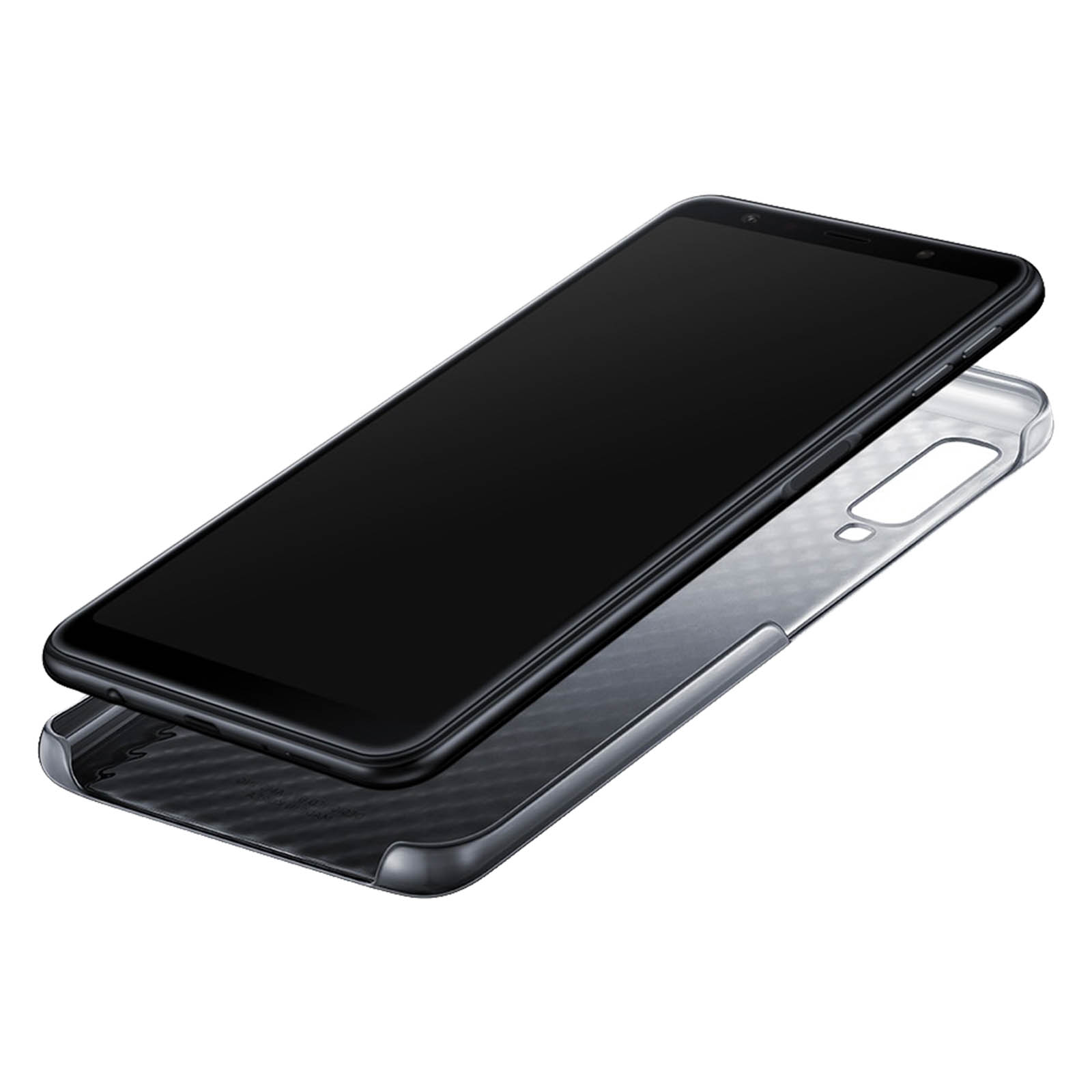 Un smartphone con pantalla negra dentro de una funda transparente.