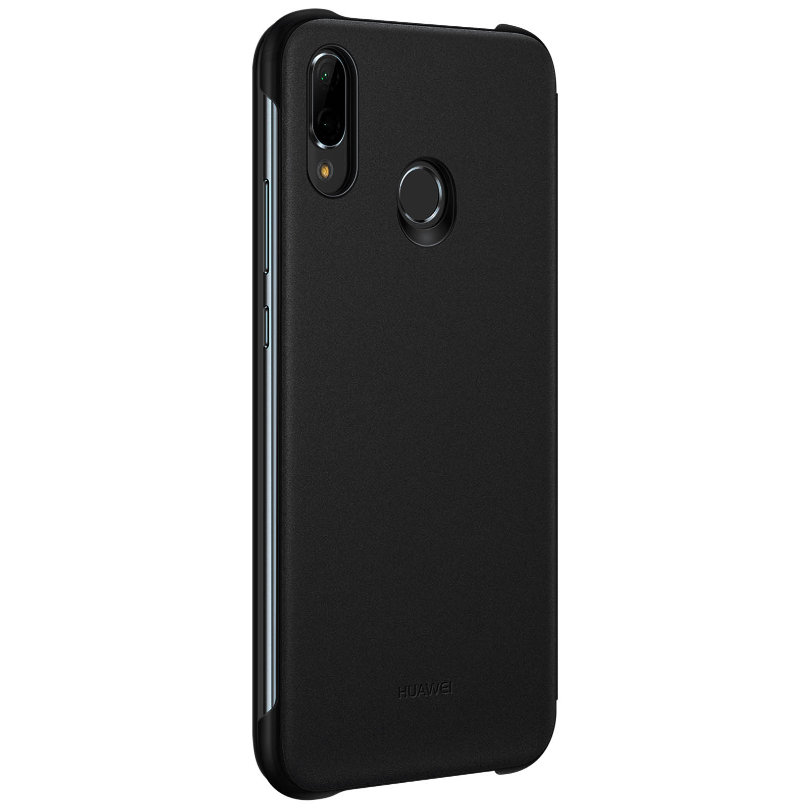 Una custodia nera per telefono. La fotocamera e il sensore di impronte digitali sono visibili sul retro.