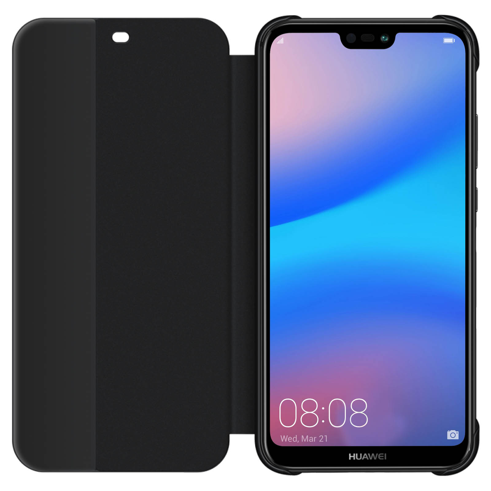 Un telefono nero con schermo blu, una custodia a libro è aperta.