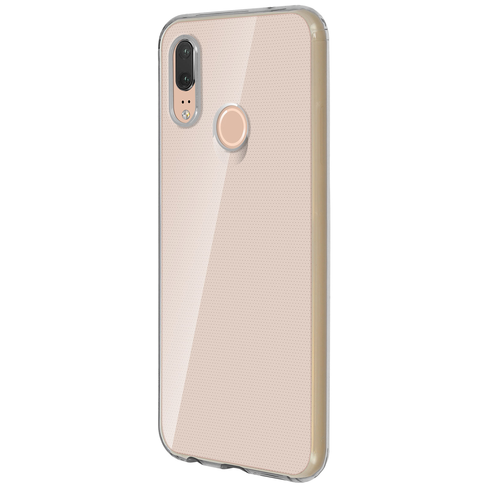 Transparente Handyhülle auf einem rosa-beigen Telefon. Die Hülle hat einen Kameraausschnitt und gepunktete Rückseite.