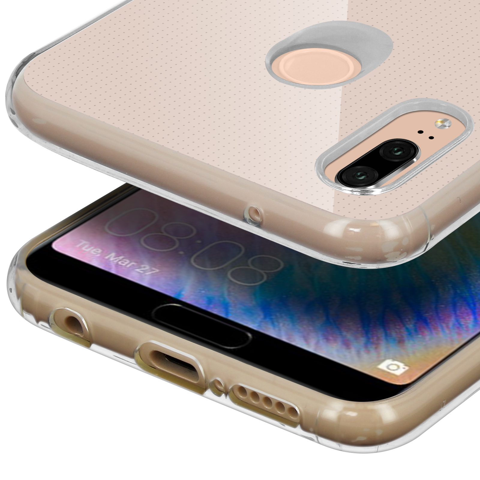 Nahaufnahme einer transparenten Handyhülle. Die Hülle befindet sich auf einem Telefon, das die Uhrzeit und eine Kameralinse zeigt.