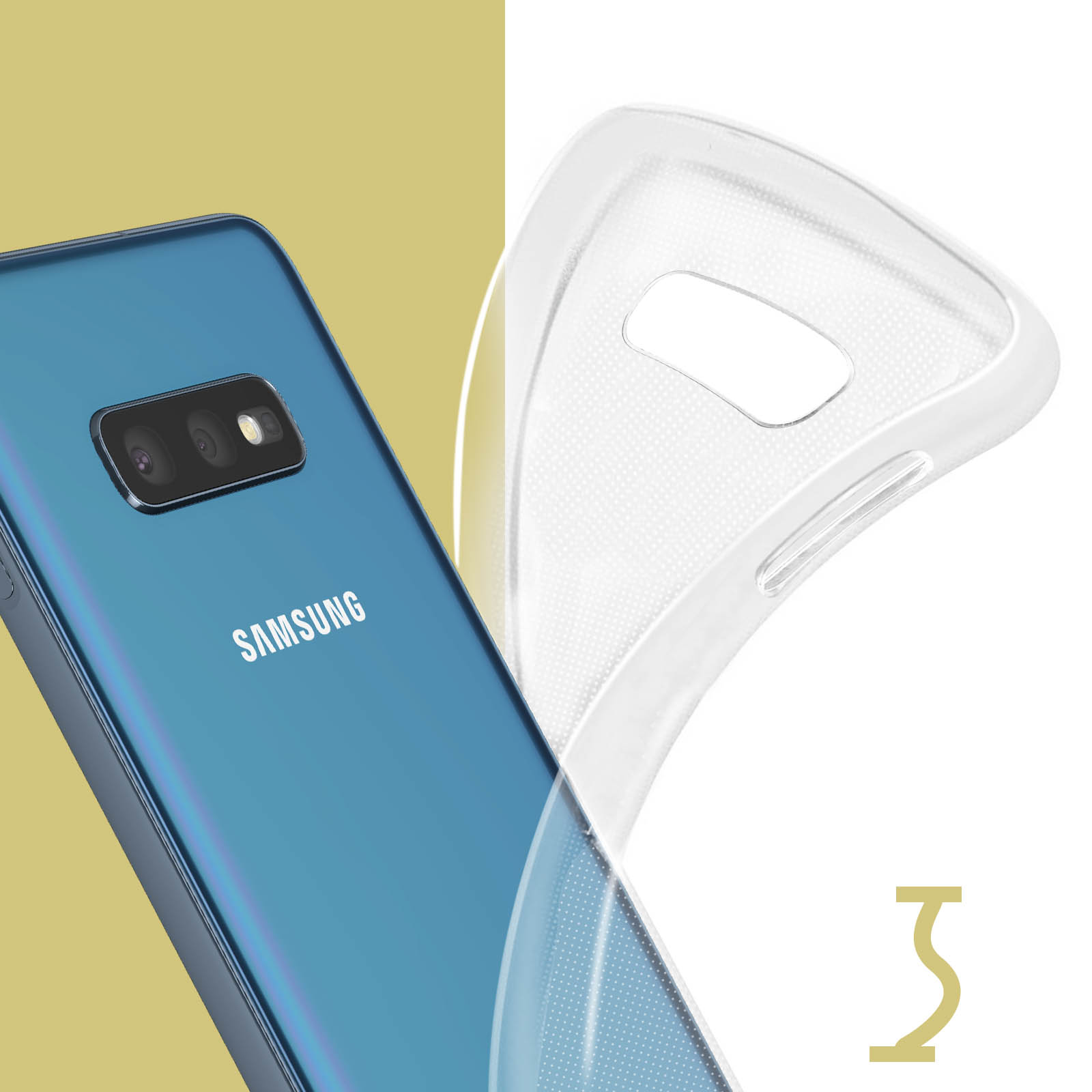 Un telefono con retro blu e una custodia trasparente accanto, che mostra il design del telefono e della custodia.