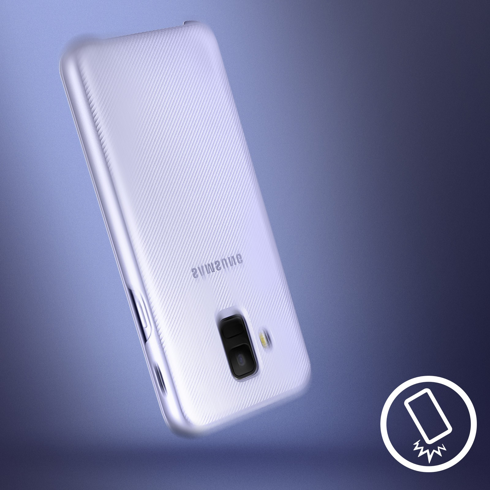 Silberne Handyhülle auf blauem Hintergrund, Rückansicht mit Samsung-Logo und Kamera.