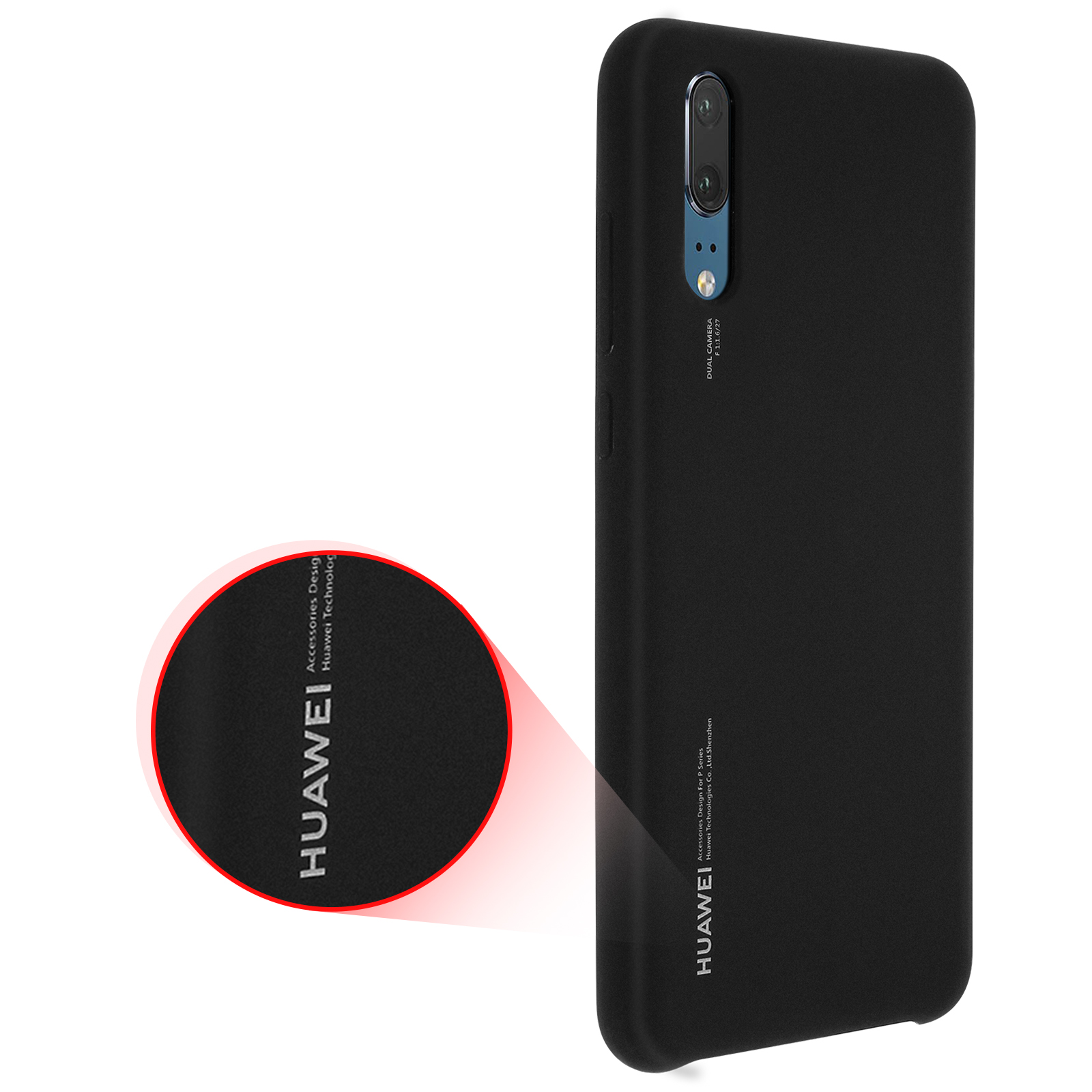 Custodia nera per telefono con logo Huawei e dettagli della fotocamera, viene mostrato un logo rotondo illuminato di rosso.
