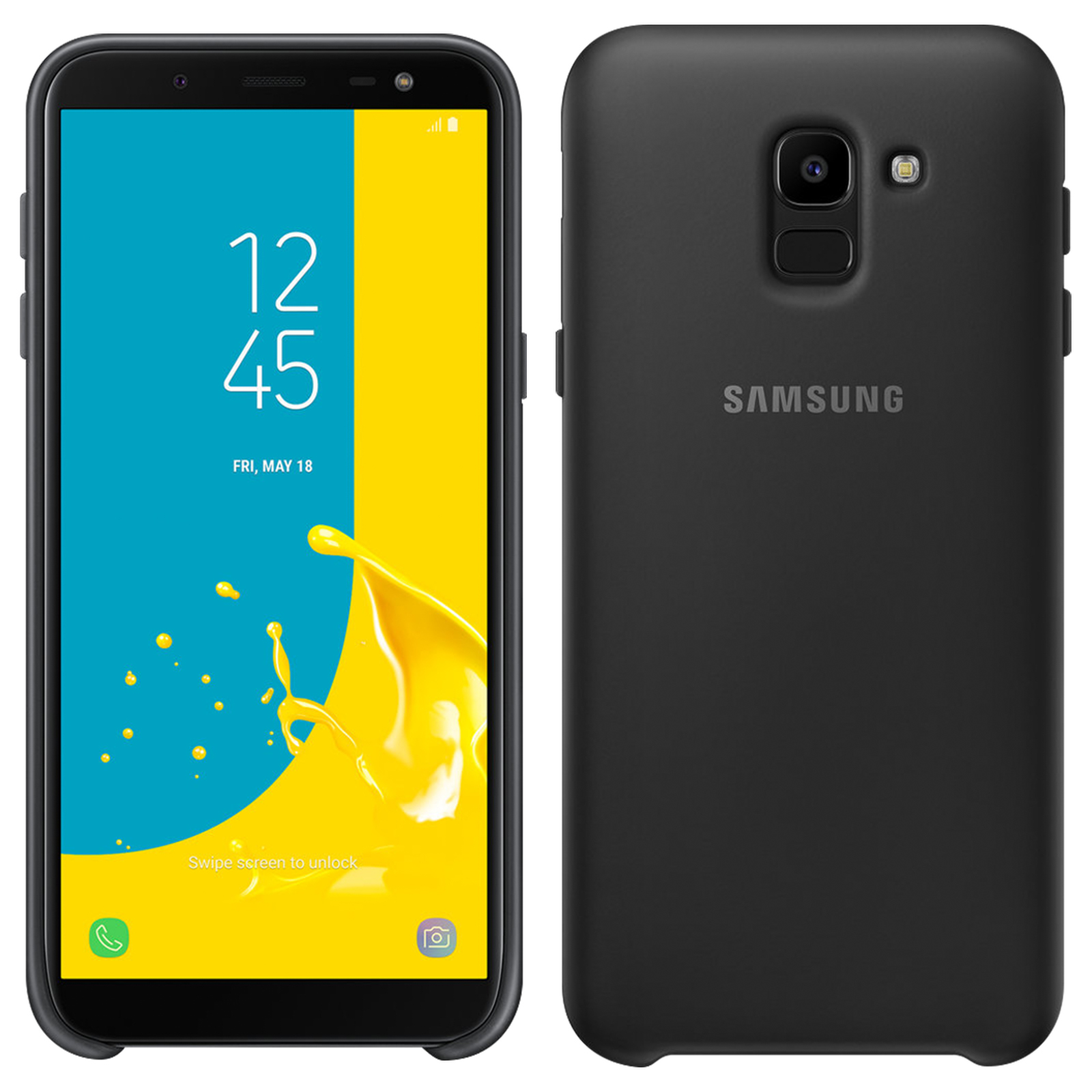 Smartphone nero, fronte con ora e spruzzo giallo, retro con logo 'SAMSUNG'. Cover nera.