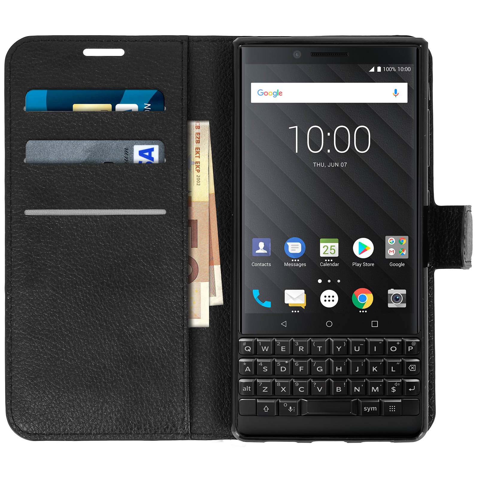 Schwarzes Telefon mit Tastatur in schwarzer Lederhülle mit Karten und Geld.
