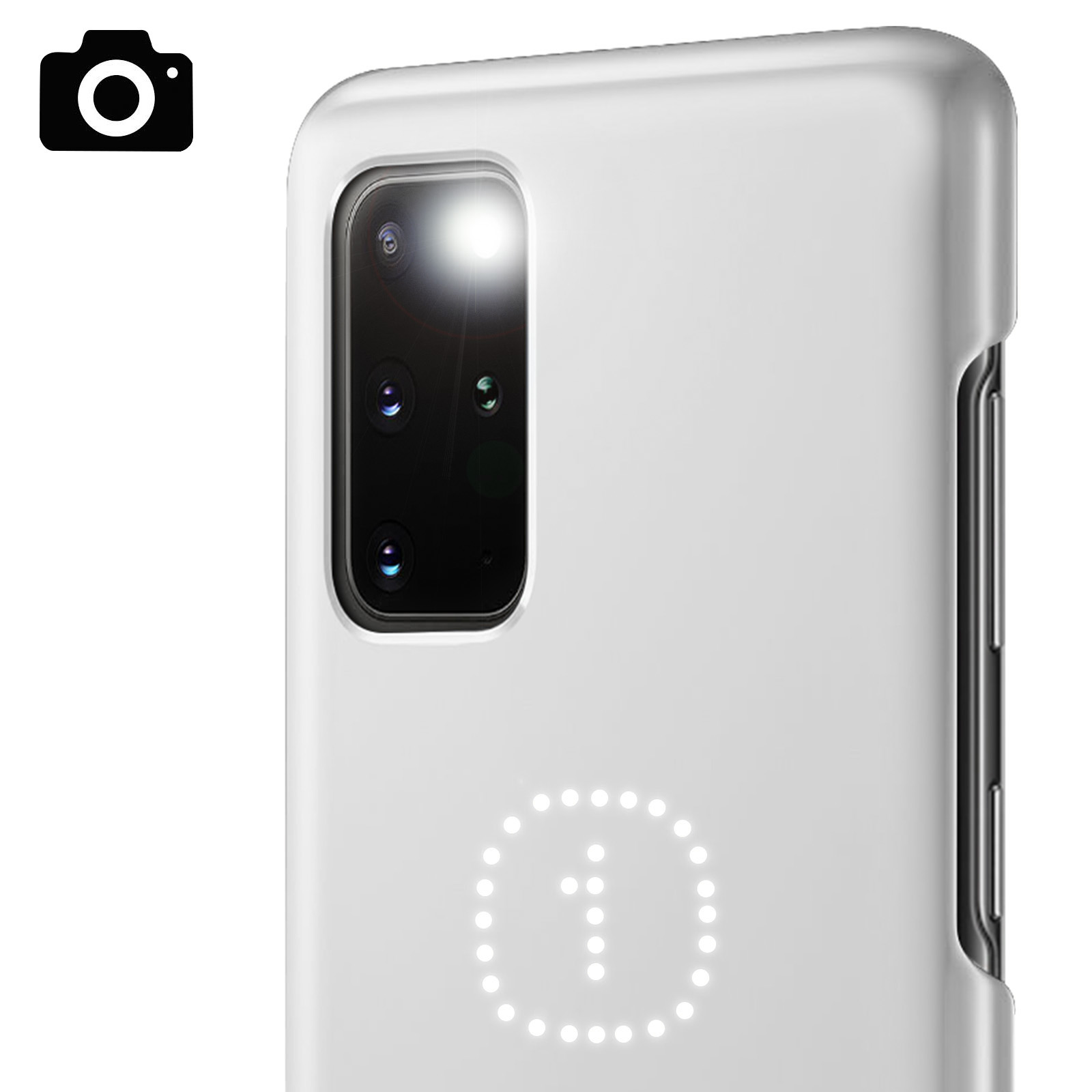 Telefono bianco con custodia bianca. La custodia ha un flash della fotocamera e un cerchio di punti luce.