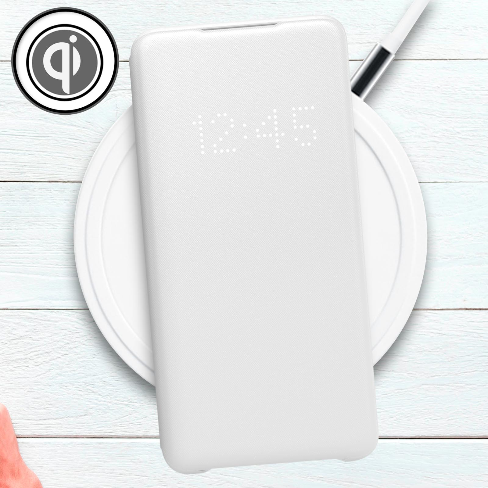 Telefono bianco su un caricabatterie wireless bianco. Viene visualizzata l'ora 12:45. Logo QI visibile.