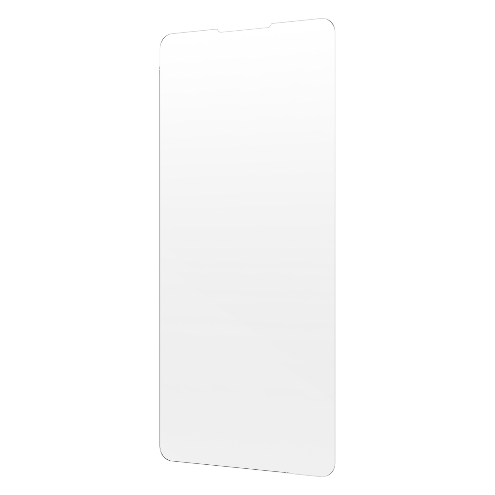 Een heldere screenprotector op een witte achtergrond. De protector is rechthoekig en transparant.