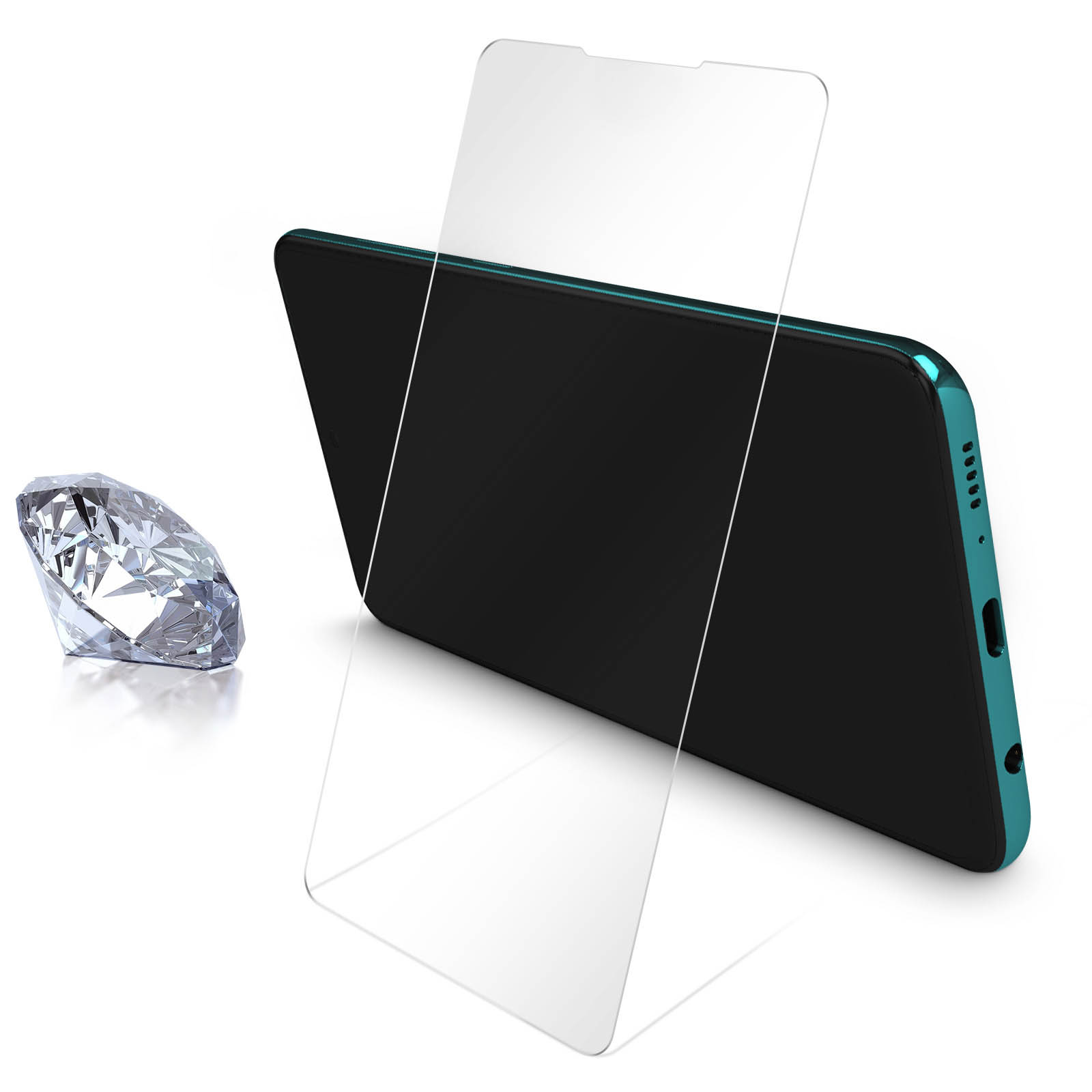 Een smartphone met een schermbeschermer en een diamant. De telefoon is zwart.