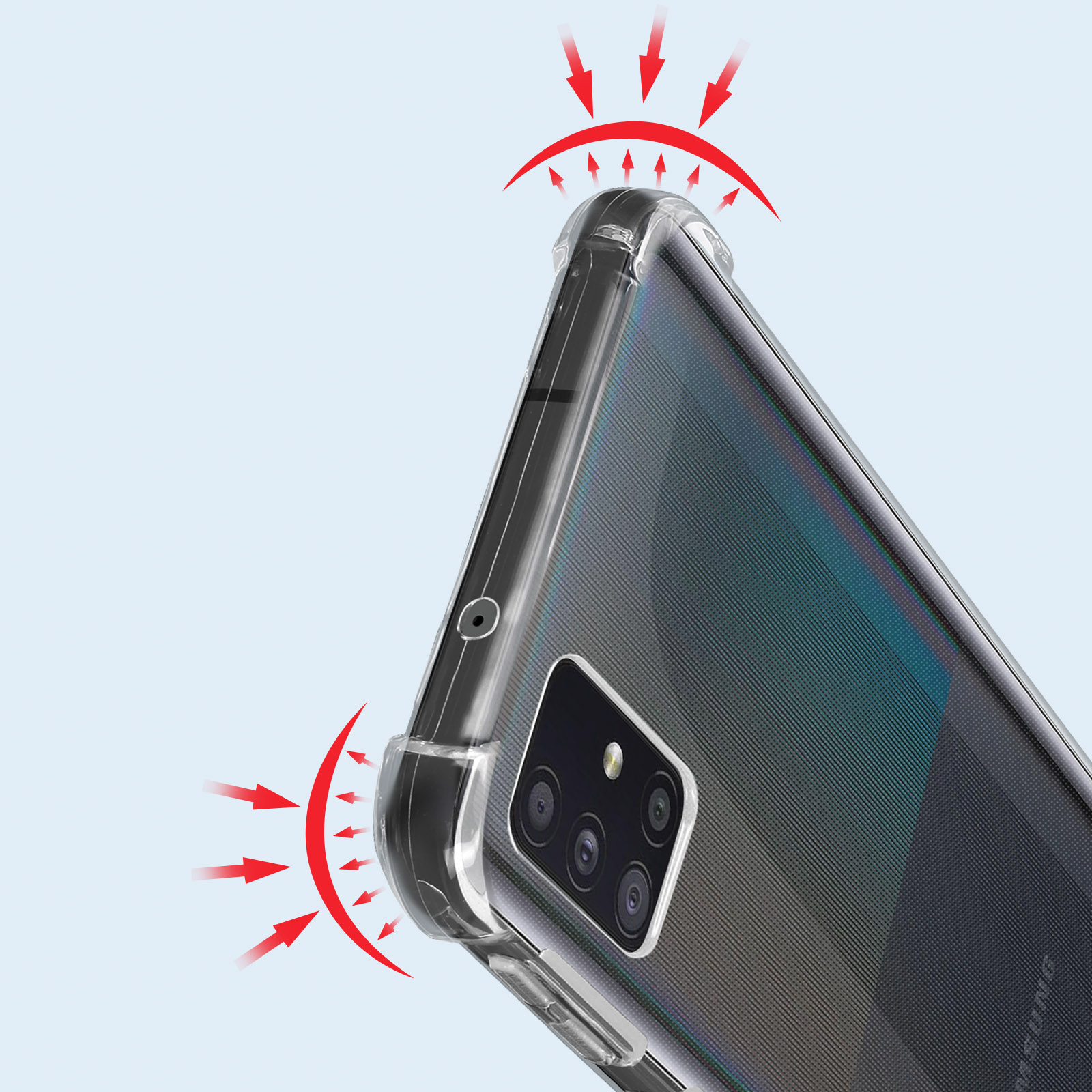 Custodia trasparente sul telefono. Le frecce mostrano l'assorbimento degli urti. Sfondo blu.